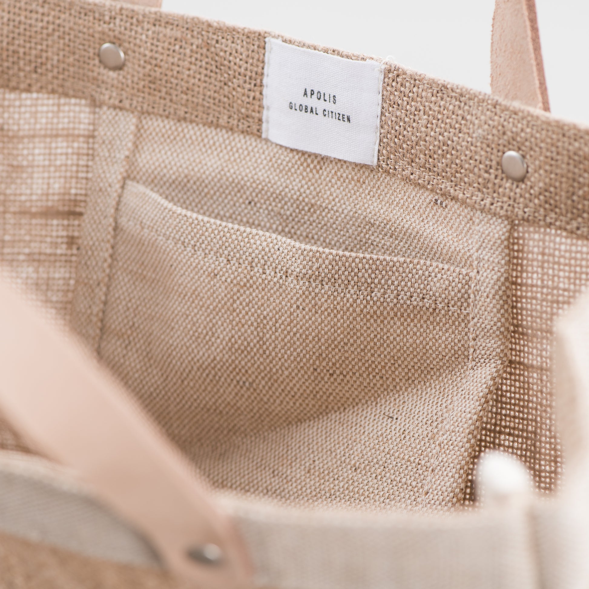 burlap tote with leather handles with Magnolia script logo