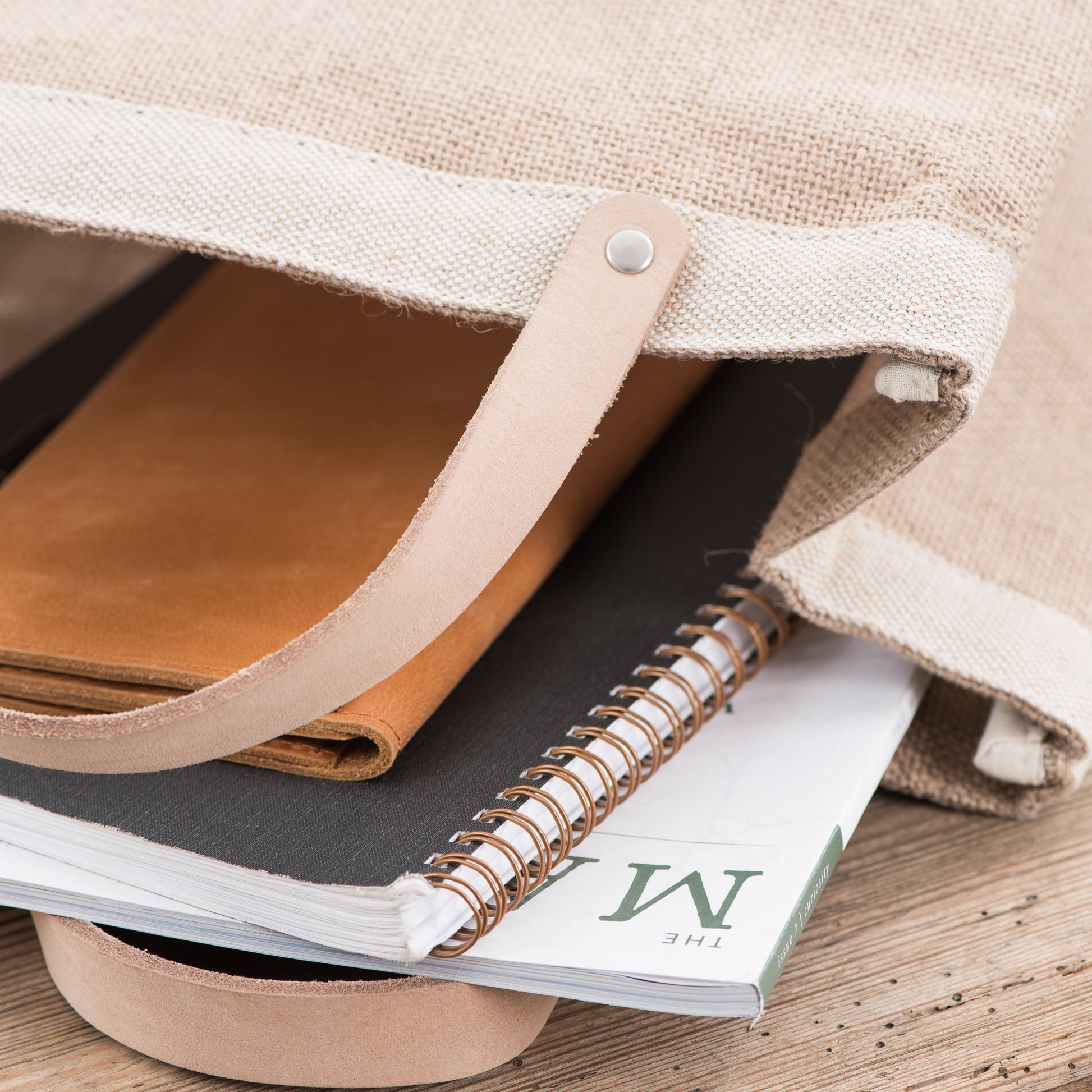 burlap tote with leather handles with Magnolia script logo