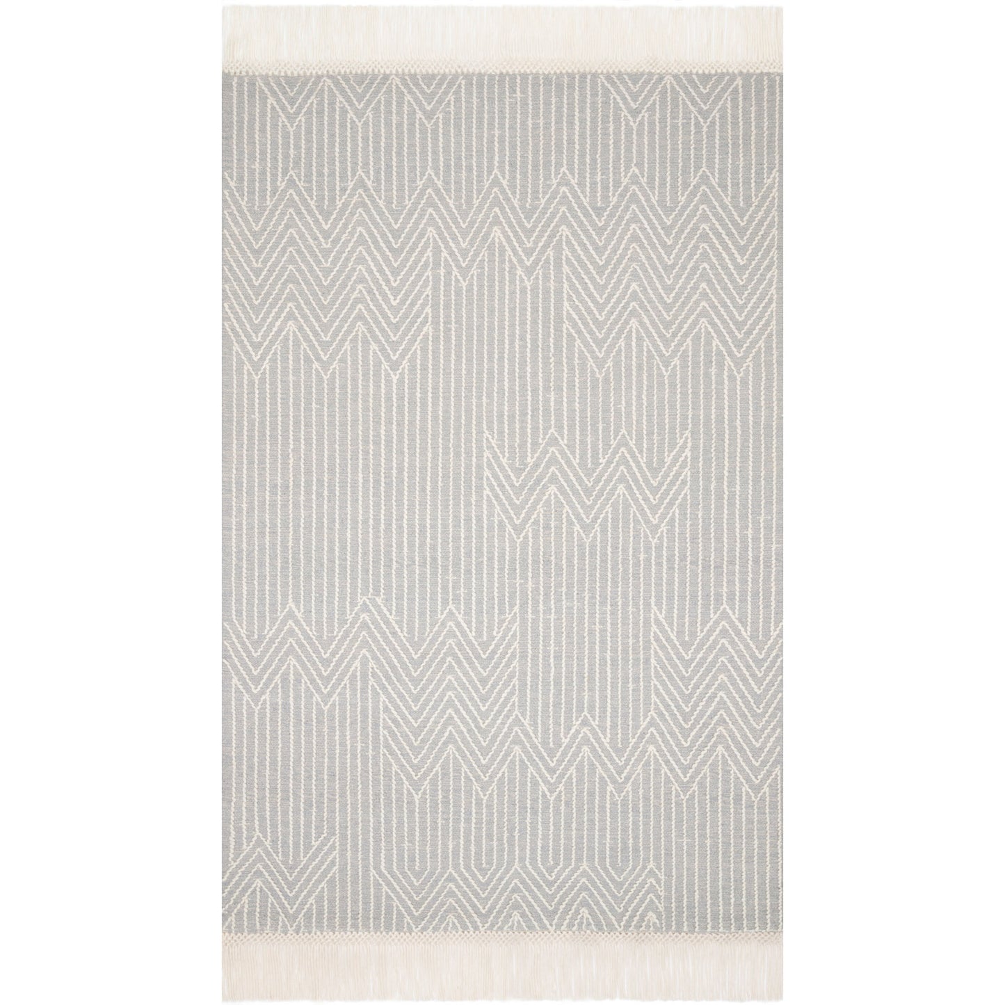 modern light gray and ivory rug with modern pattern and tassel fringe