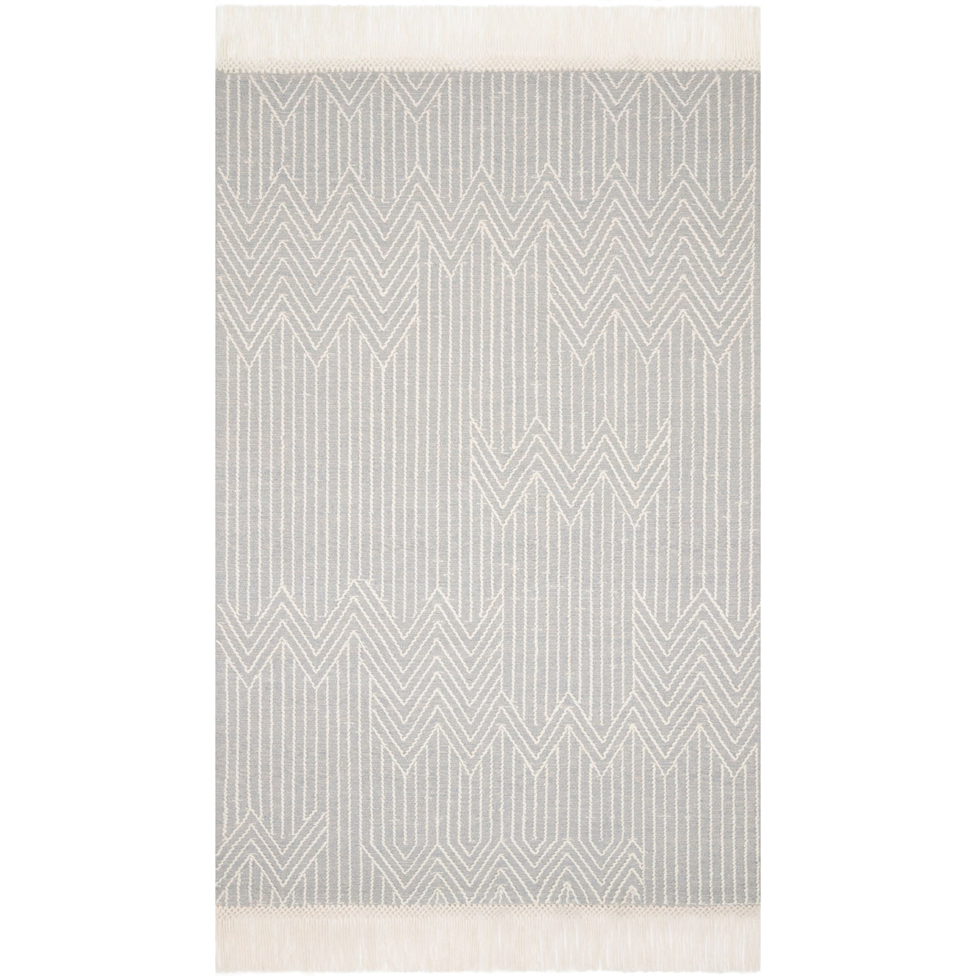 modern light gray and ivory rug with modern pattern and tassel fringe