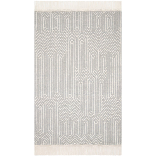modern light gray and ivory rug with modern pattern and tassel fringe