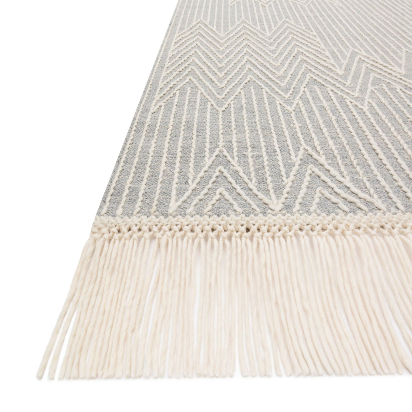 modern light gray and ivory rug with modern pattern and tassel fringe