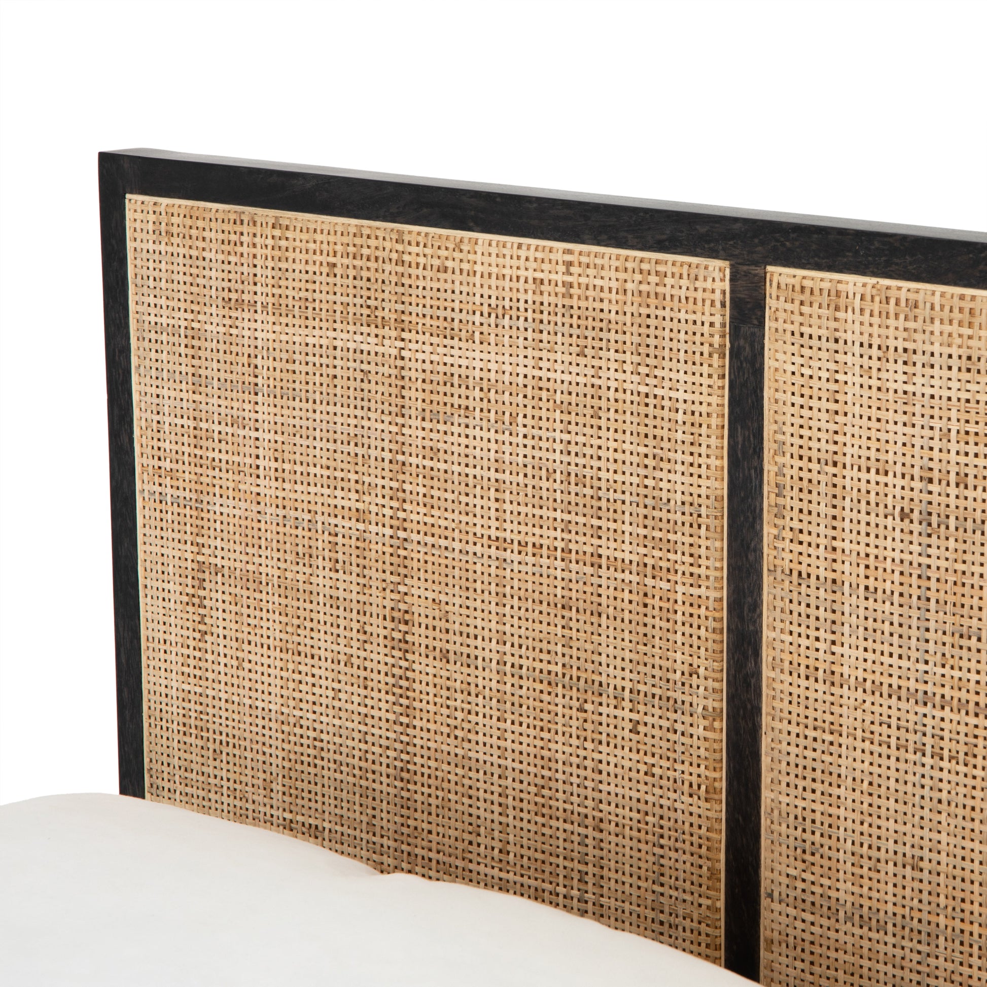 modern black washed wooden bed with cane detailed headboard and footboard