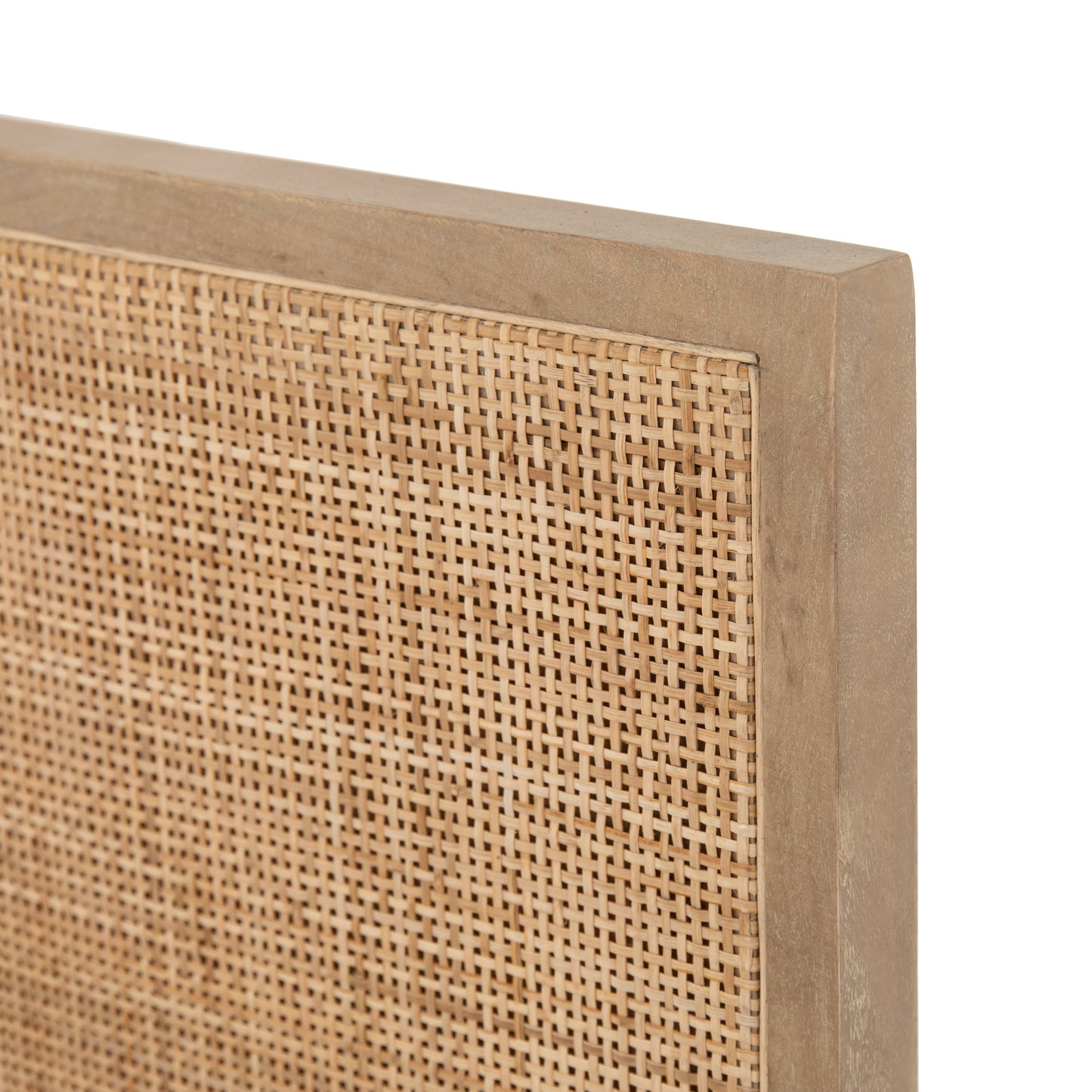 modern natural washed wooden bed with cane detailed headboard and footboard