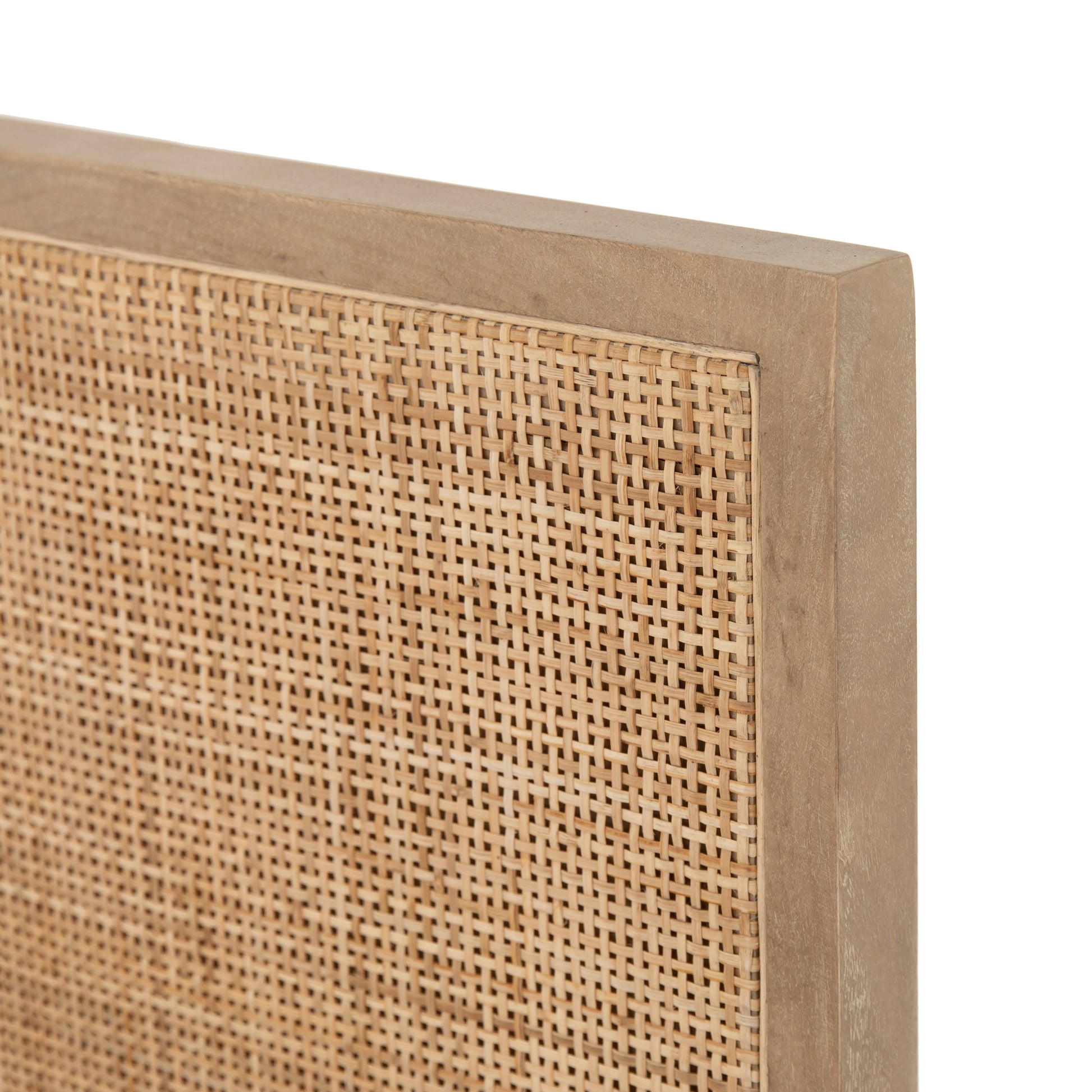 modern natural washed wooden bed with cane detailed headboard and footboard