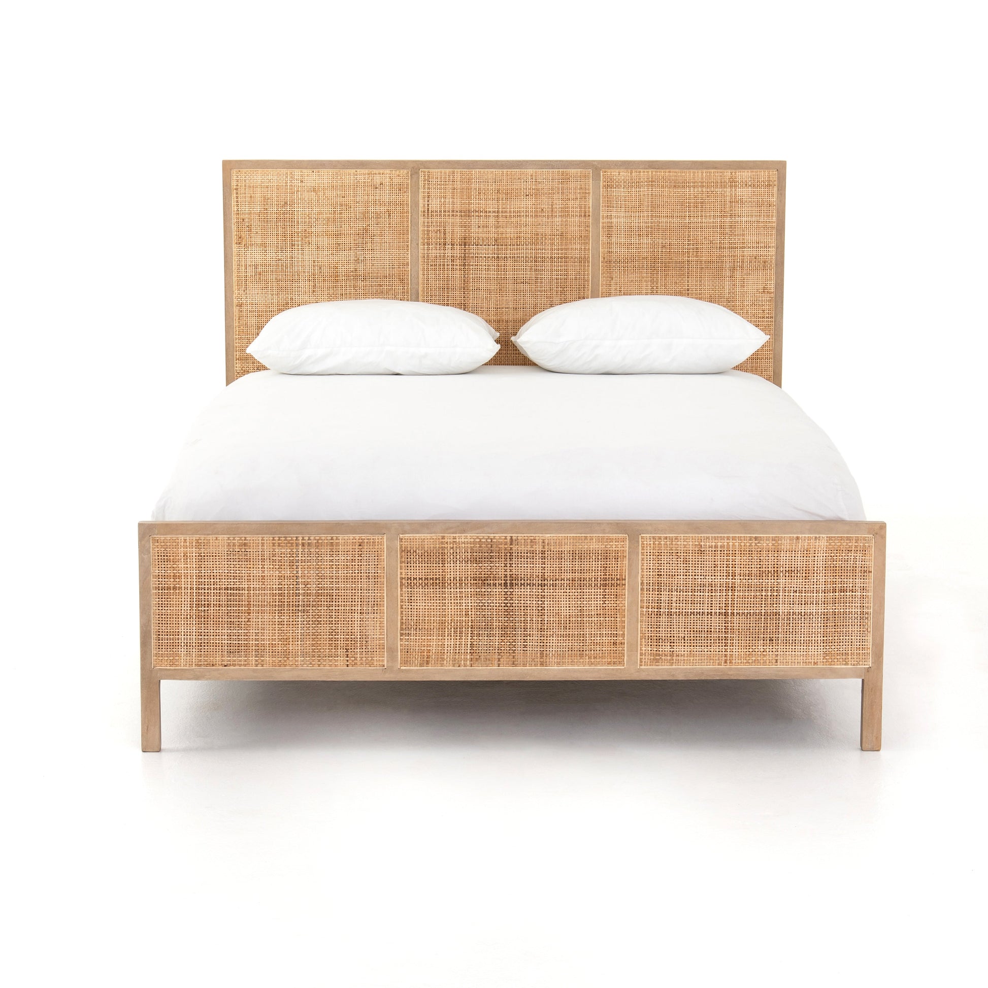 modern natural washed wooden bed with cane detailed headboard and footboard