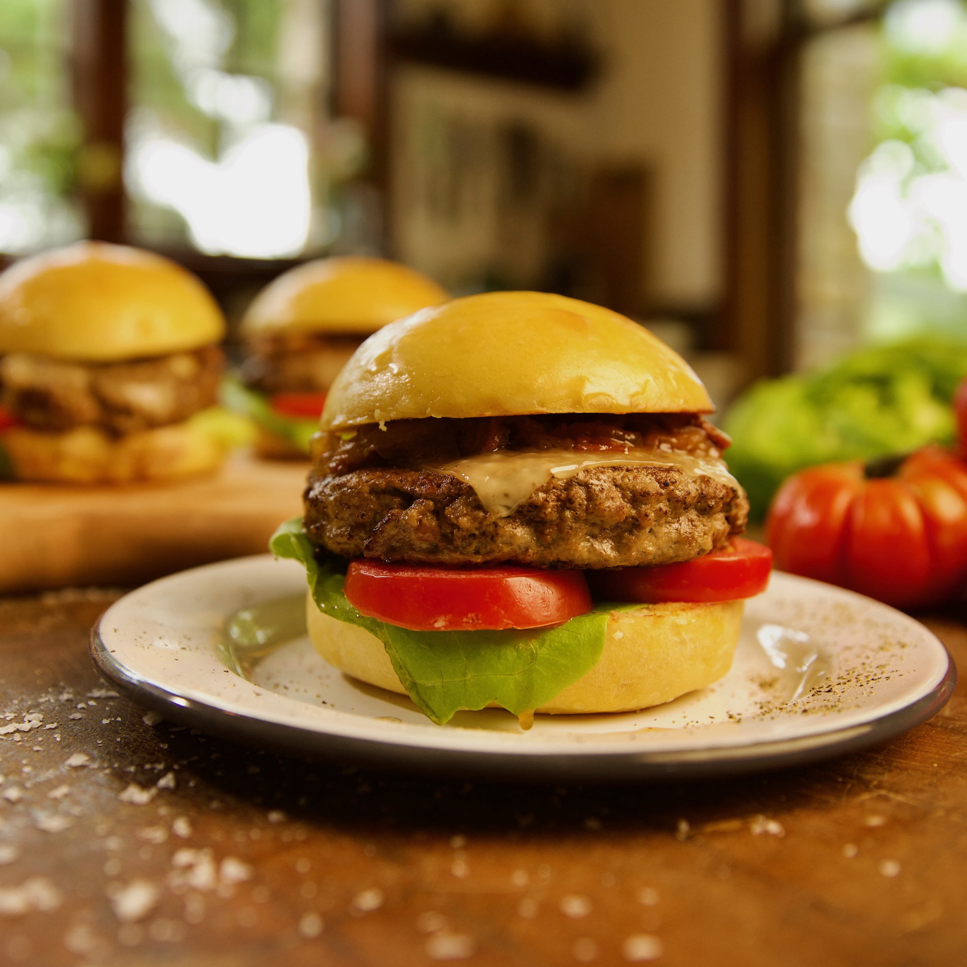 Elizabeth Poett's Ranch Burger on a Honey Bun