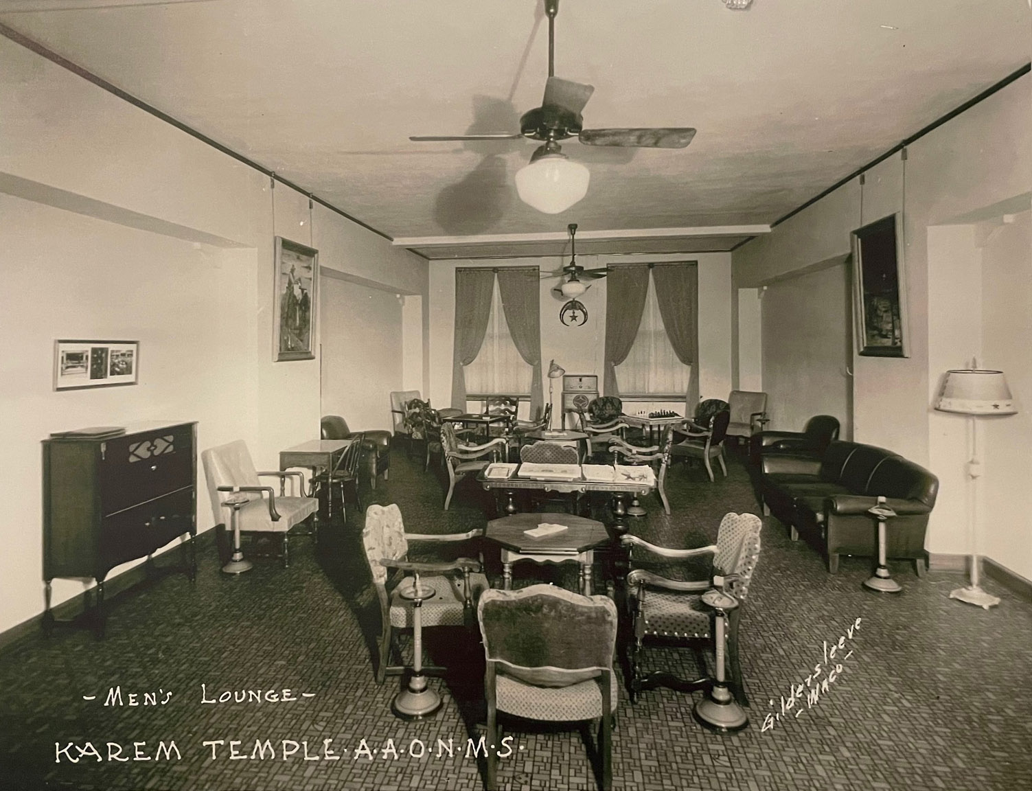 A mens' lounge inside a historic building in Waco, Texas.