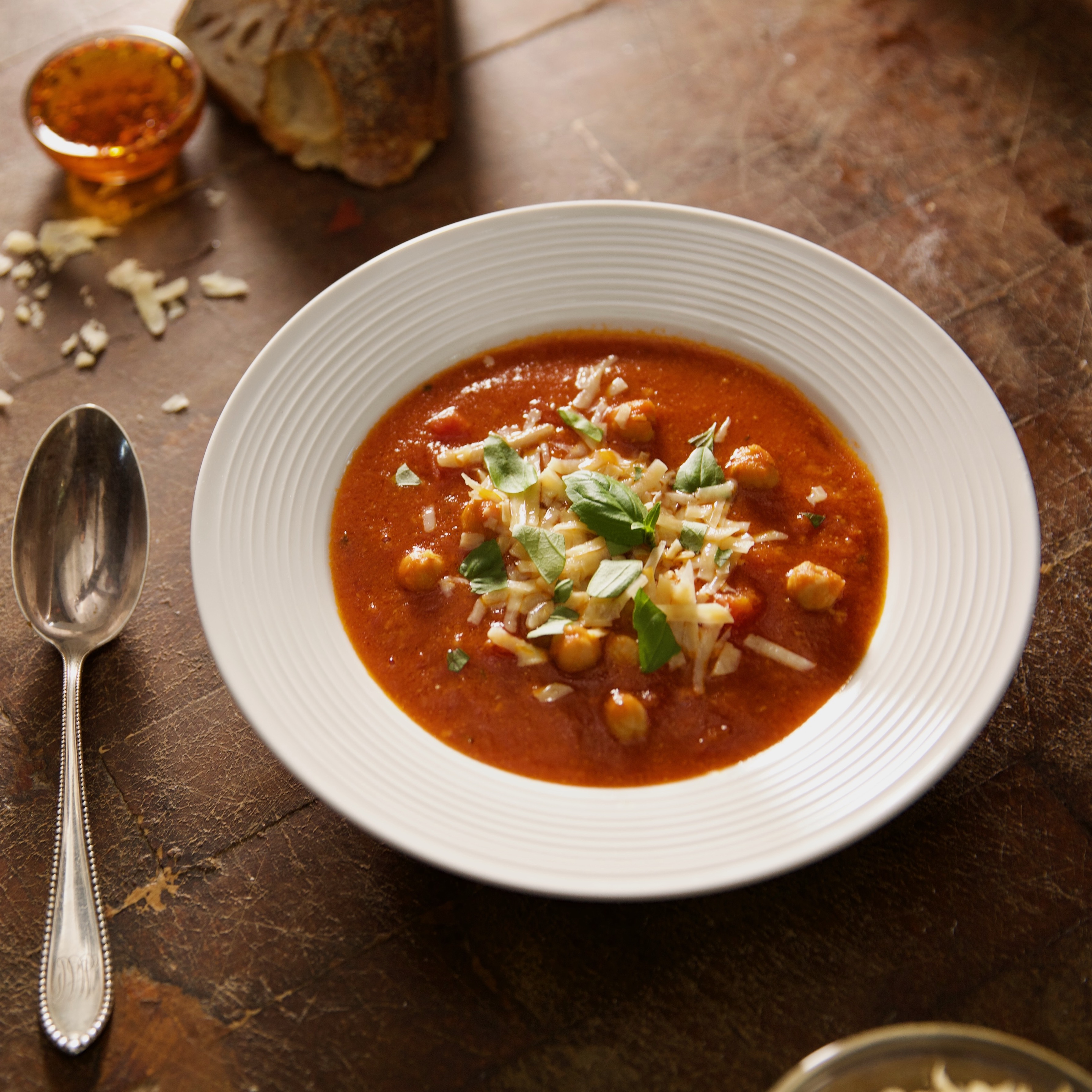 Elizabeth Poett's Rustic Garbanzo Bean Soup with Parmesan and Homemade Chili Oil