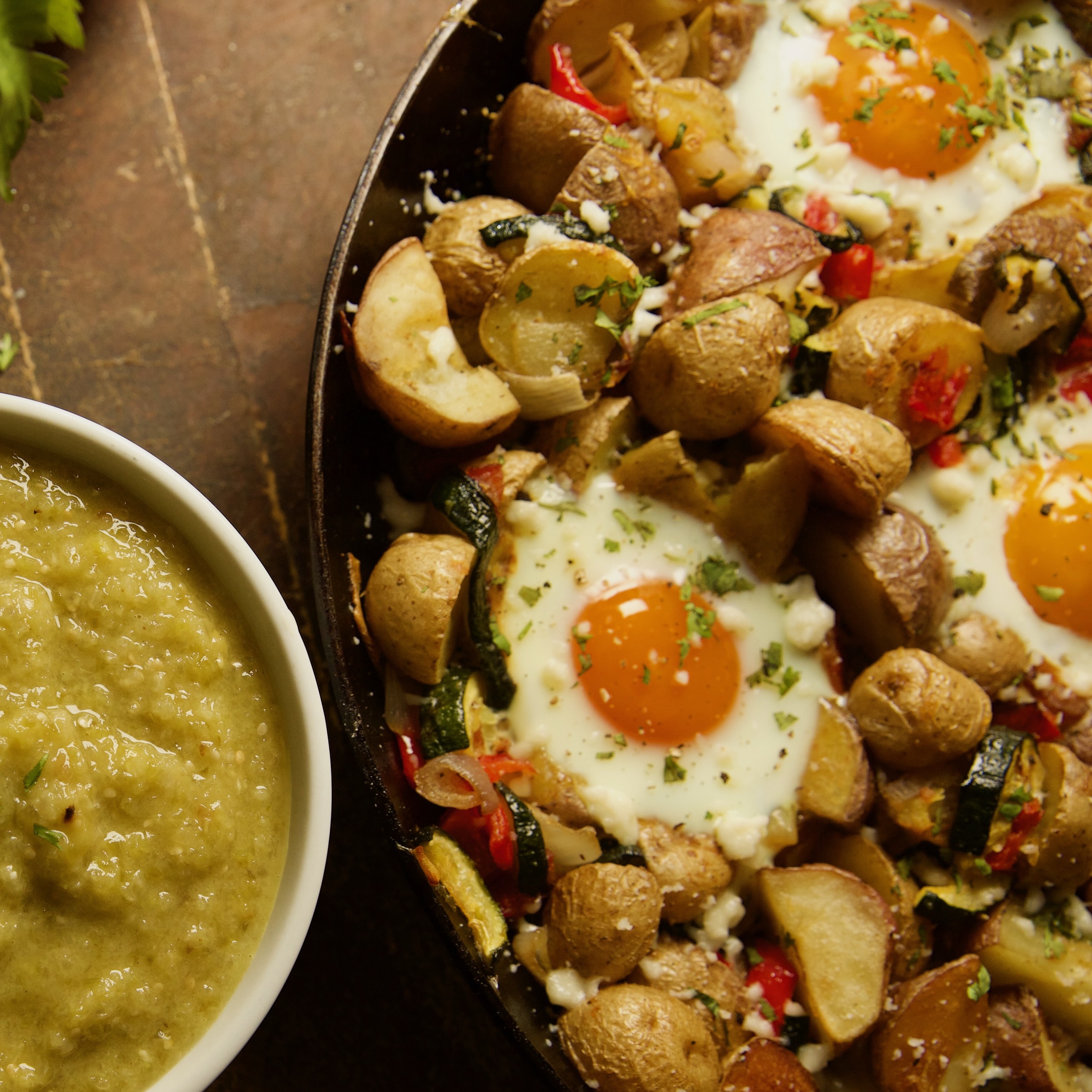Elizabeth Poett's Rustic Baked Eggs with Roasted Vegetables and Tomatillo Salsa