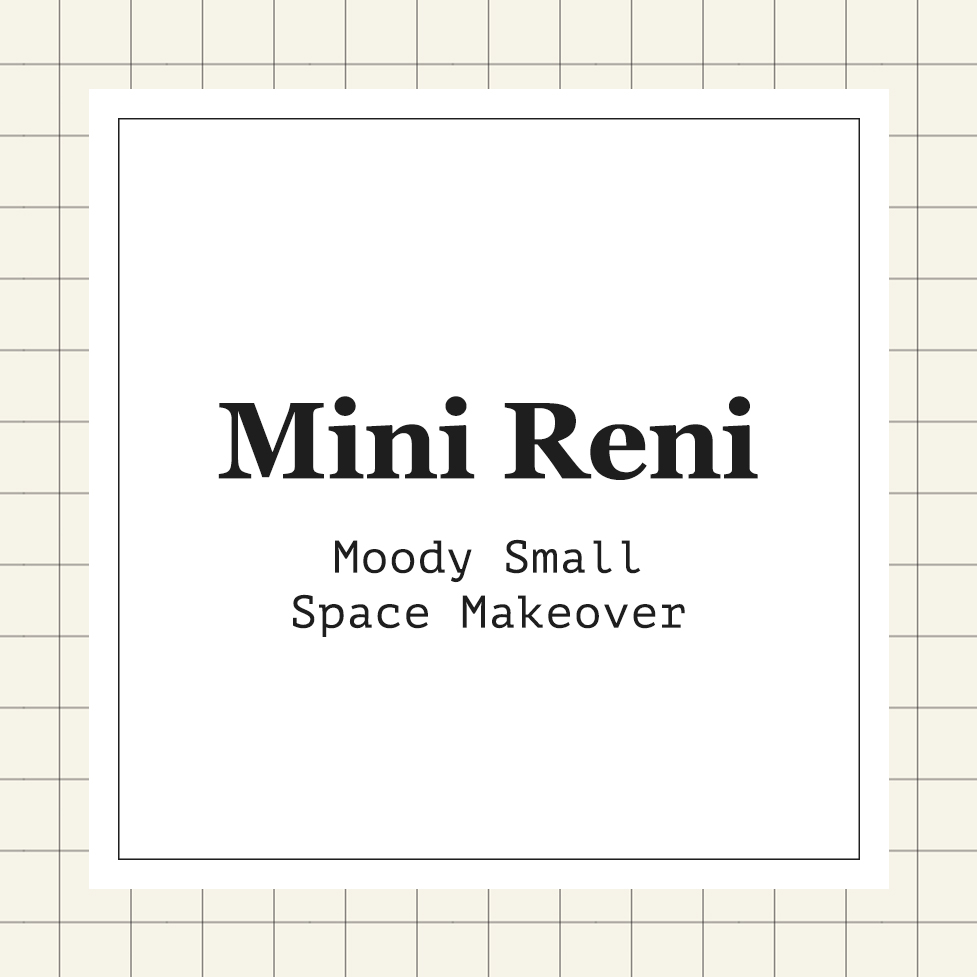 Square graphic with surrounded by a gridded design and centered with black text that says "Mini Reni | Moody Small Space Makeover."