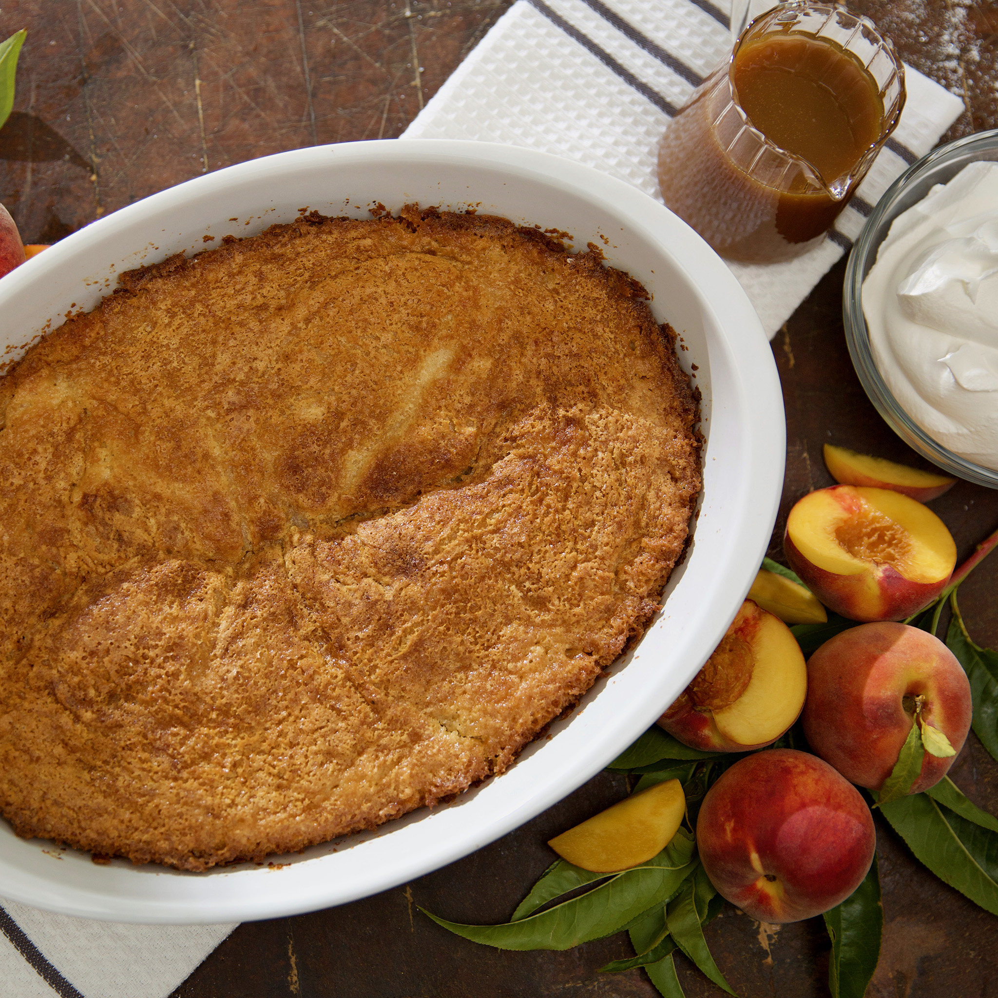 Elizabeth Poett's Peach Buckle with Homemade Caramel Sauce and Whipped Cream
