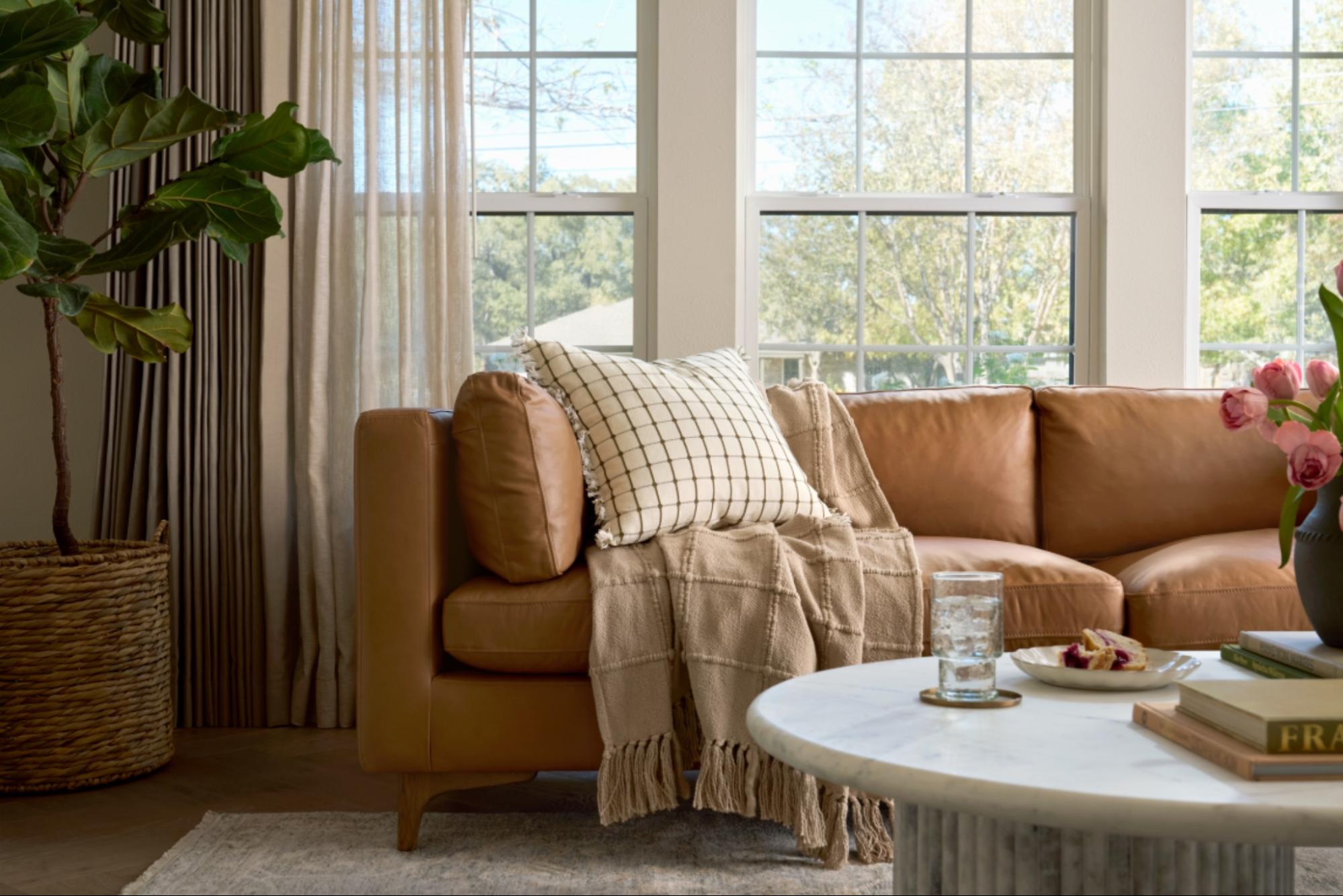 A throw pillow and blanket drape a brown sofa in a serene living room scene.