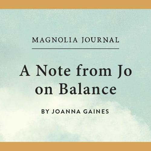 A blue-and-white graphic with a warm brown border reads "A Note from Jo on Balance" in black text. 