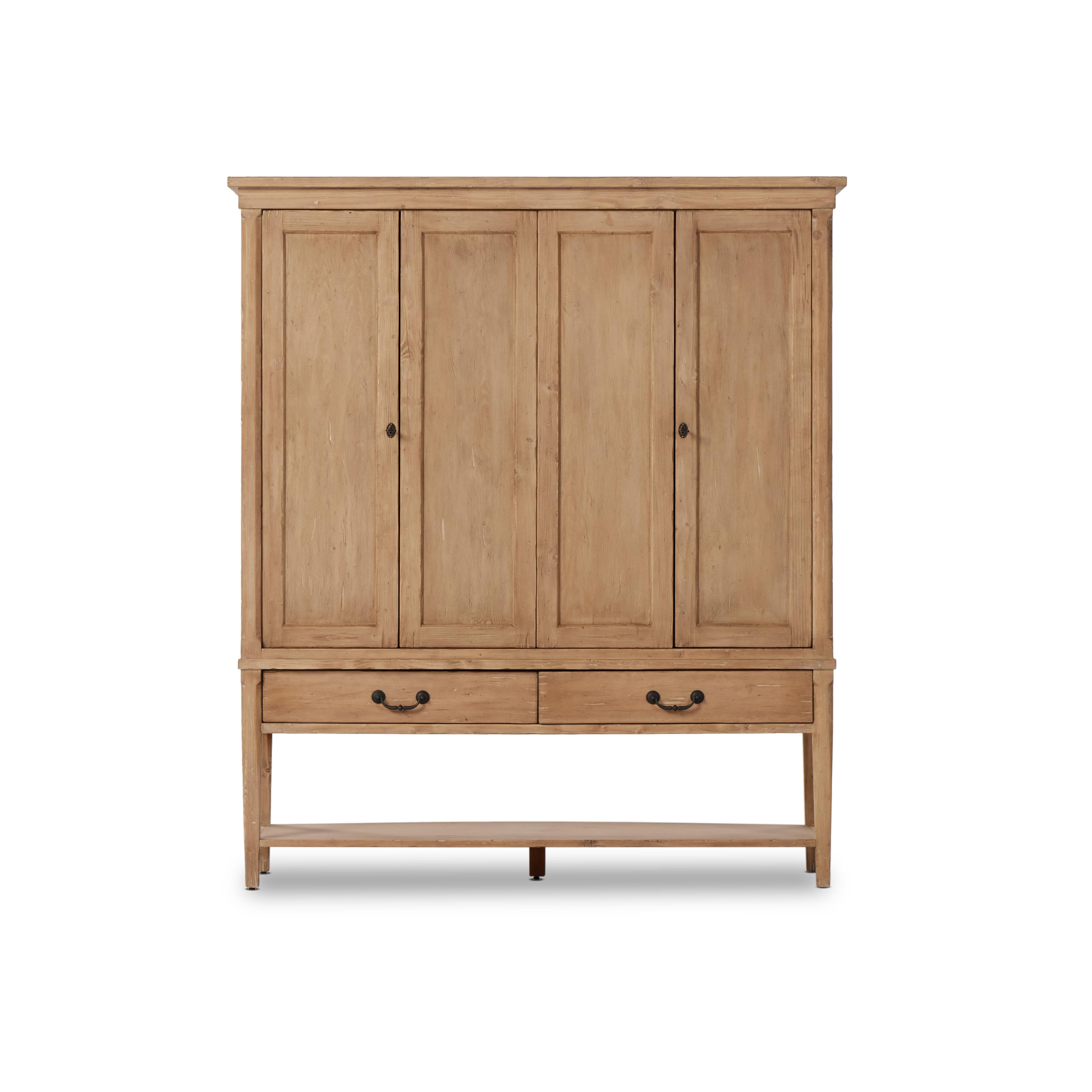 Hurston Wide Cabinet in aged light pine front view $4499.00