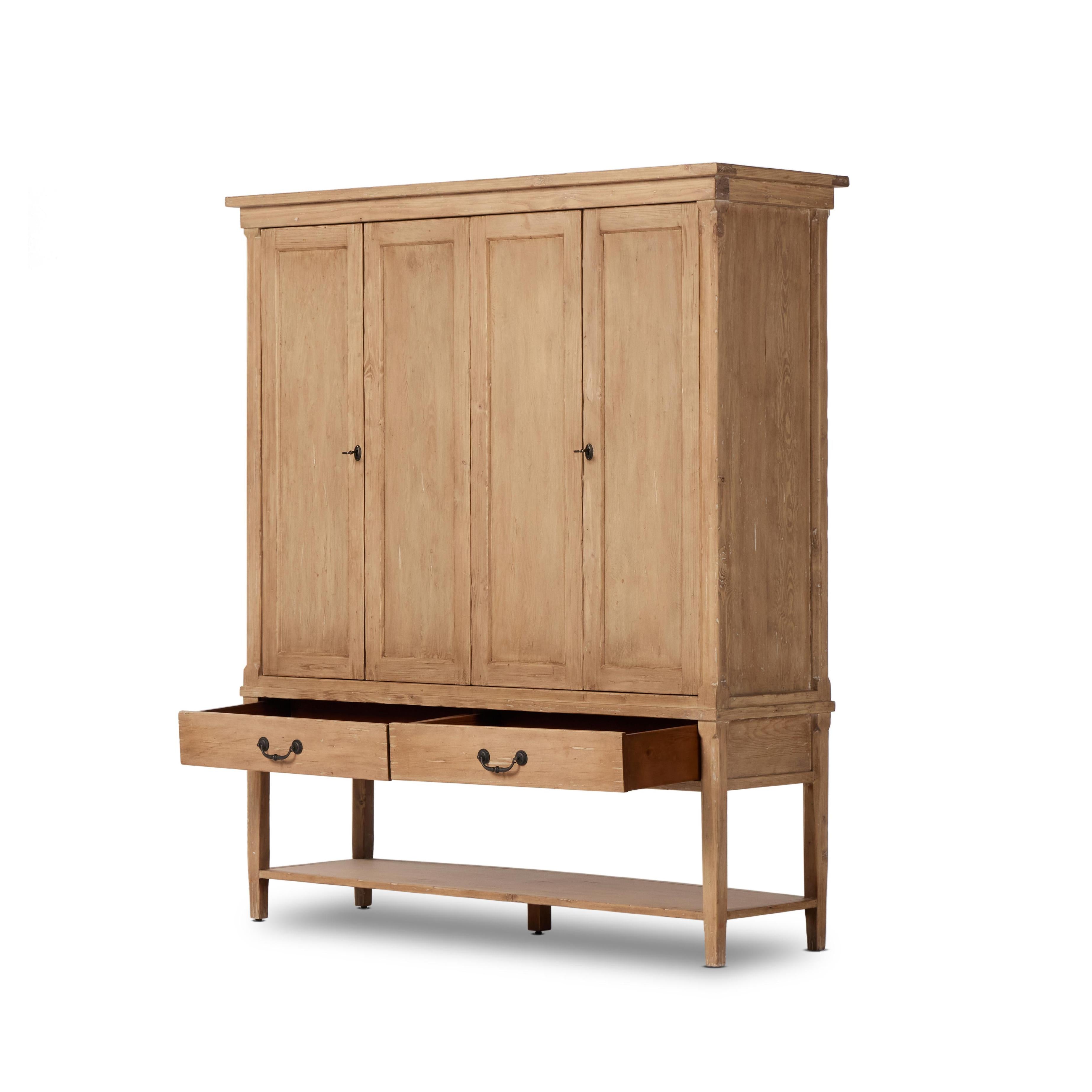 Hurston Wide Cabinet in aged light pine angled view with bottom drawers open