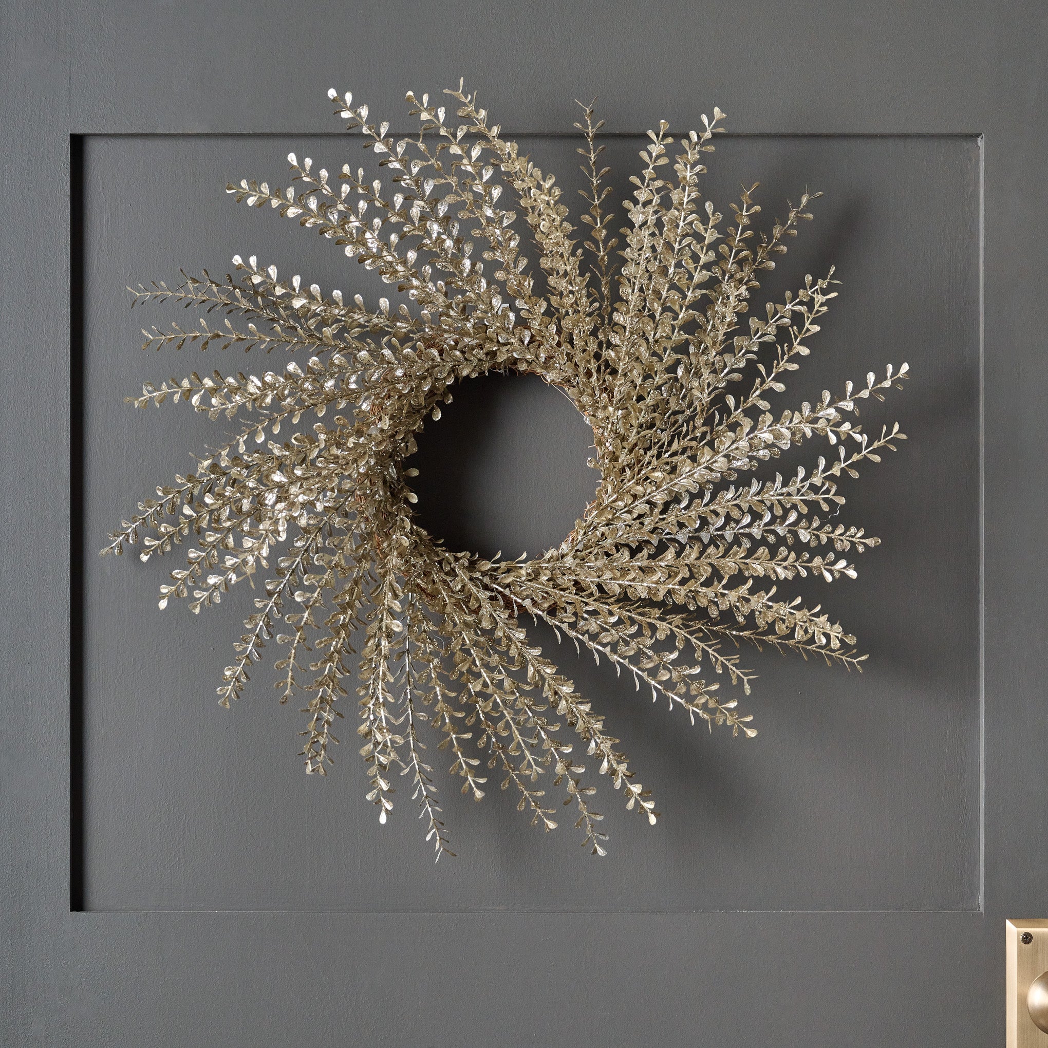 Small Glitter Eucalyptus Wreath shown on door On sale for $24.99, discounted from $60.00