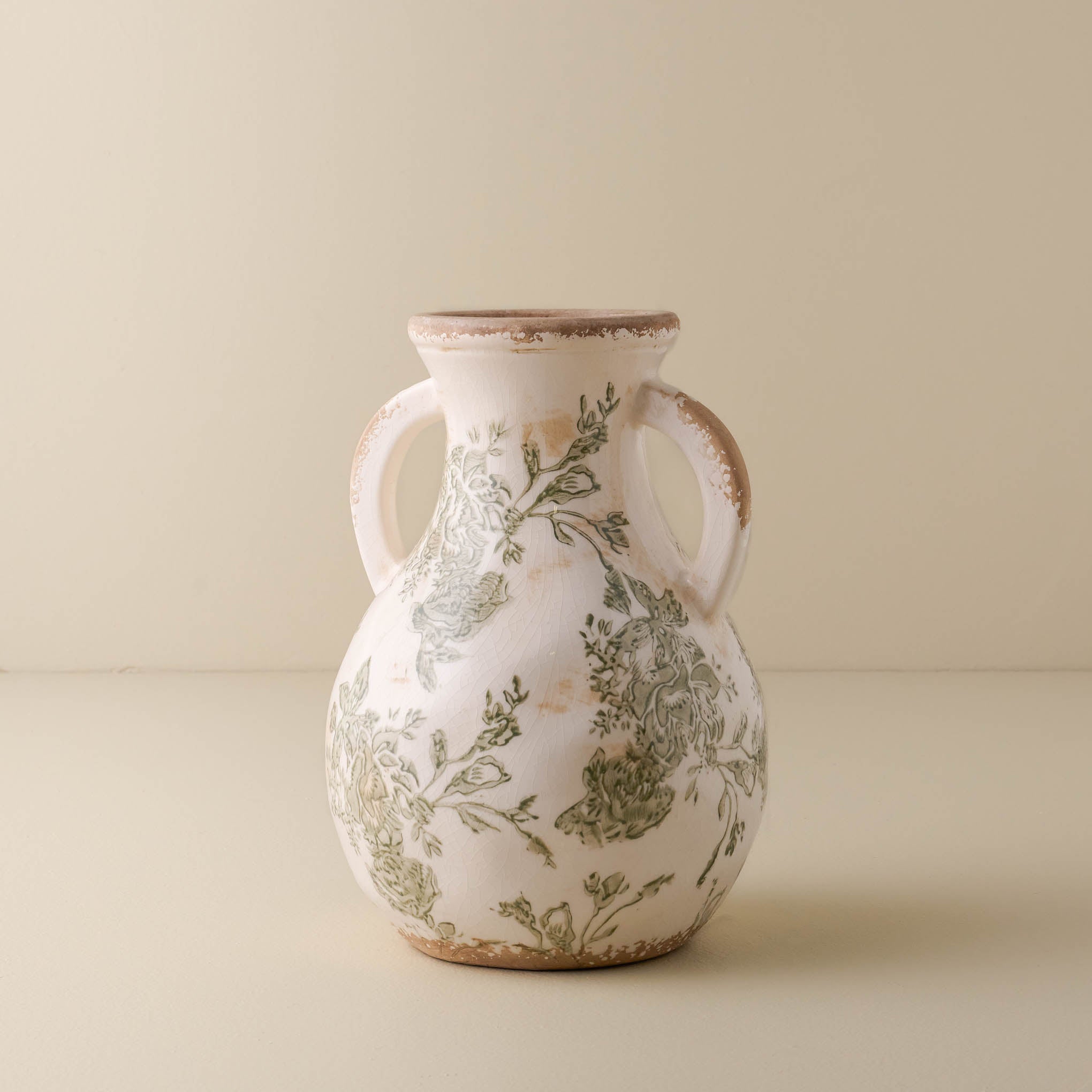 small sized Green and White floral Distressed Vase with two handles