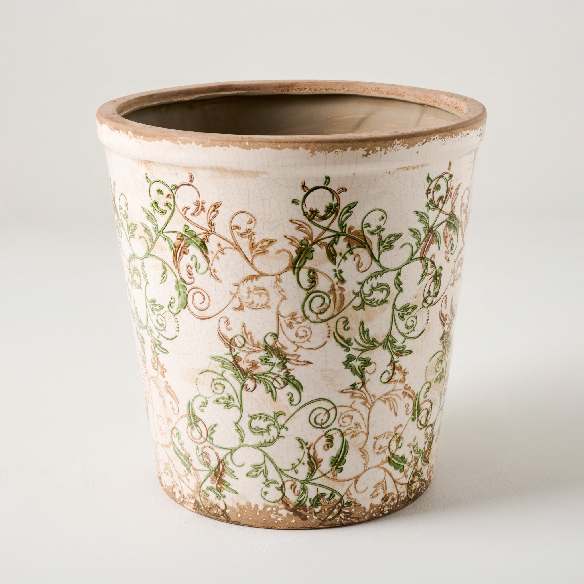 10" Green and White Distressed Planter