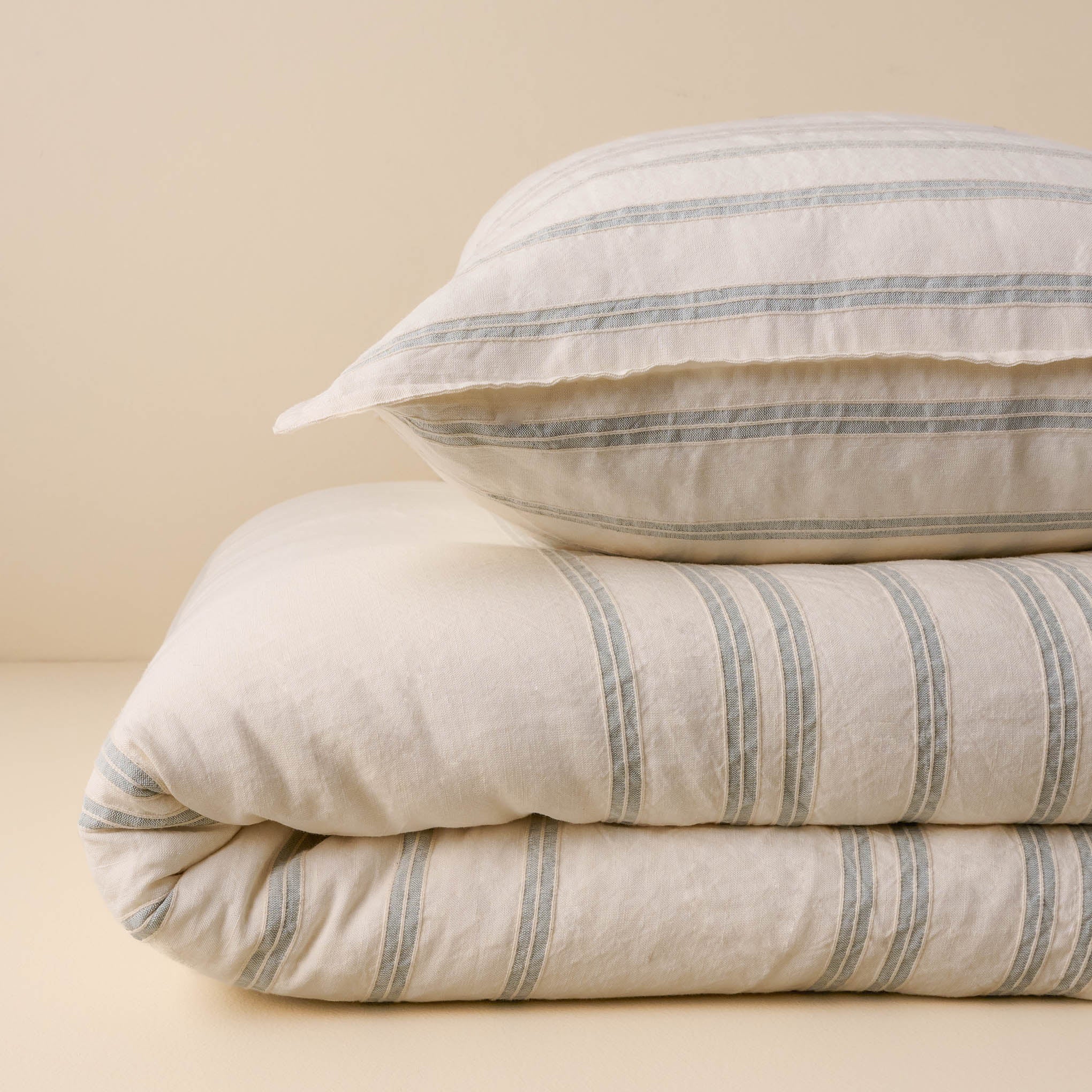 Folded Embroidered Chambray Stripe Linen Cotton Duvet and Pillow Sham $248.00