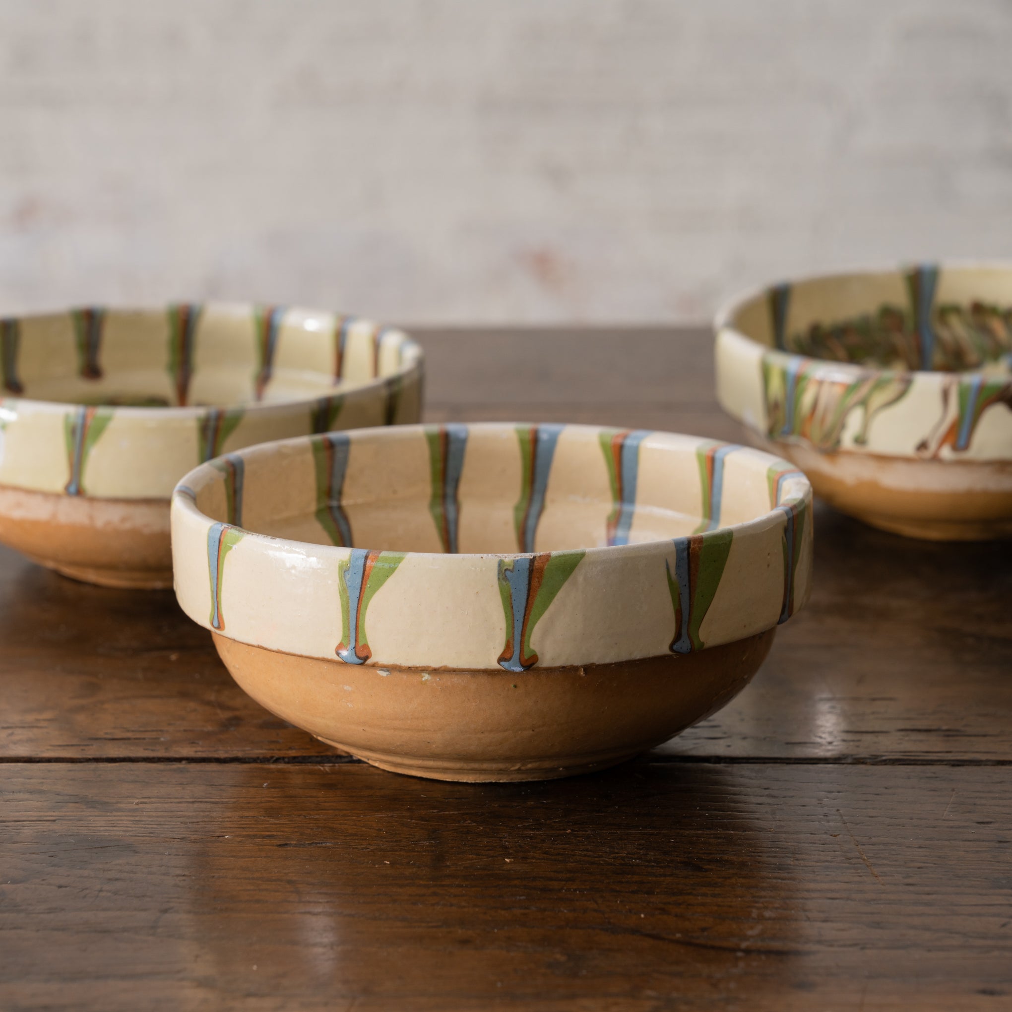 three Vintage Cream Rim Painted Terracotta Bowl