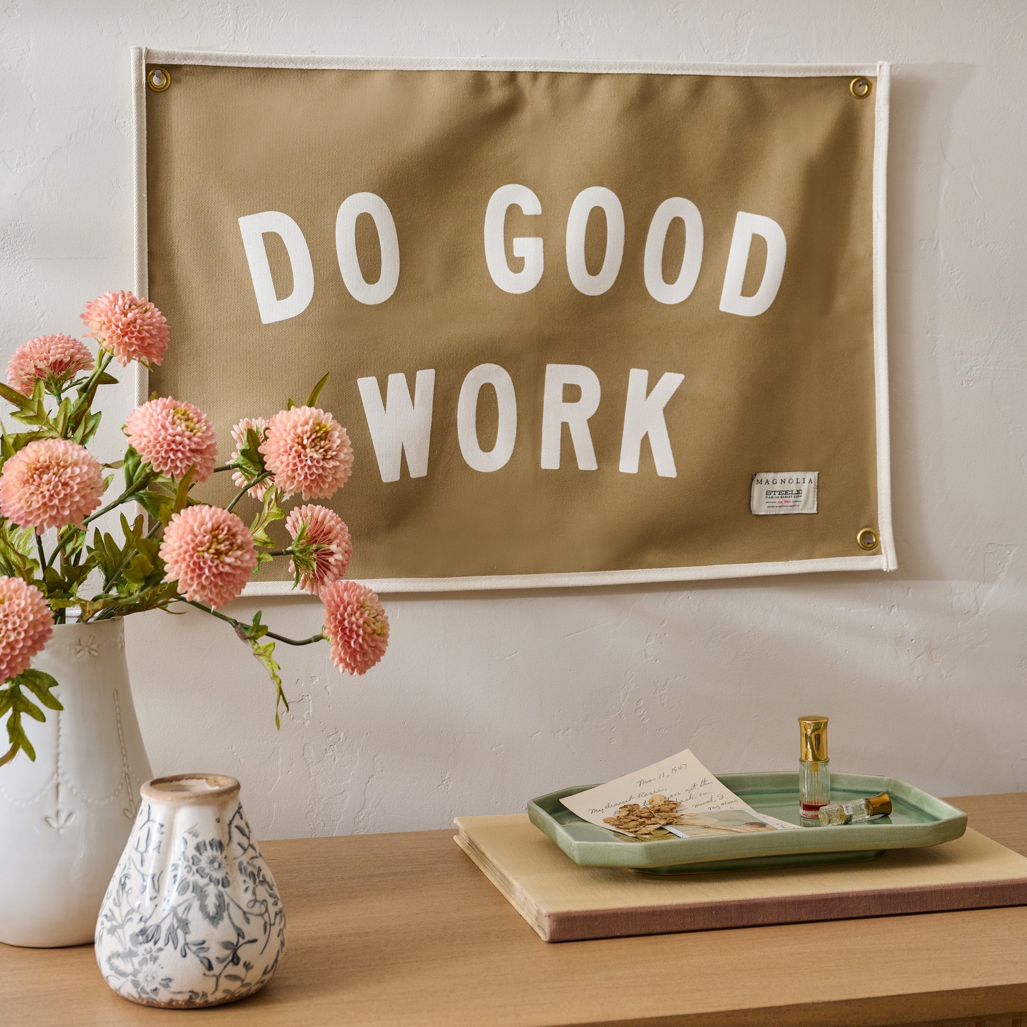 "Do Good Work" Canvas Flag shown hung above dresser $58.00