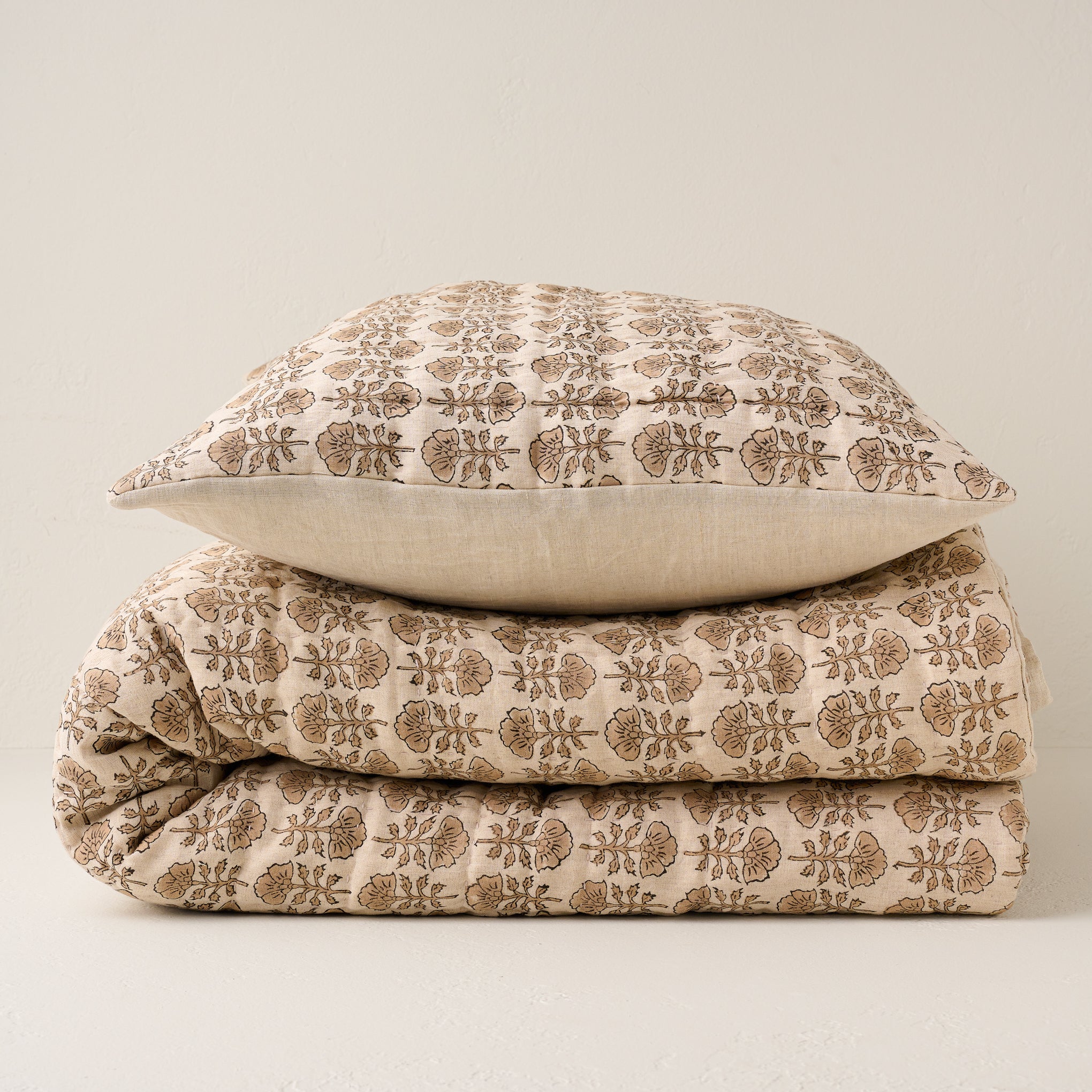 Stacked Flora Block Natural Print Quilt and Pillow Sham Items range from $250.00 to $300.00