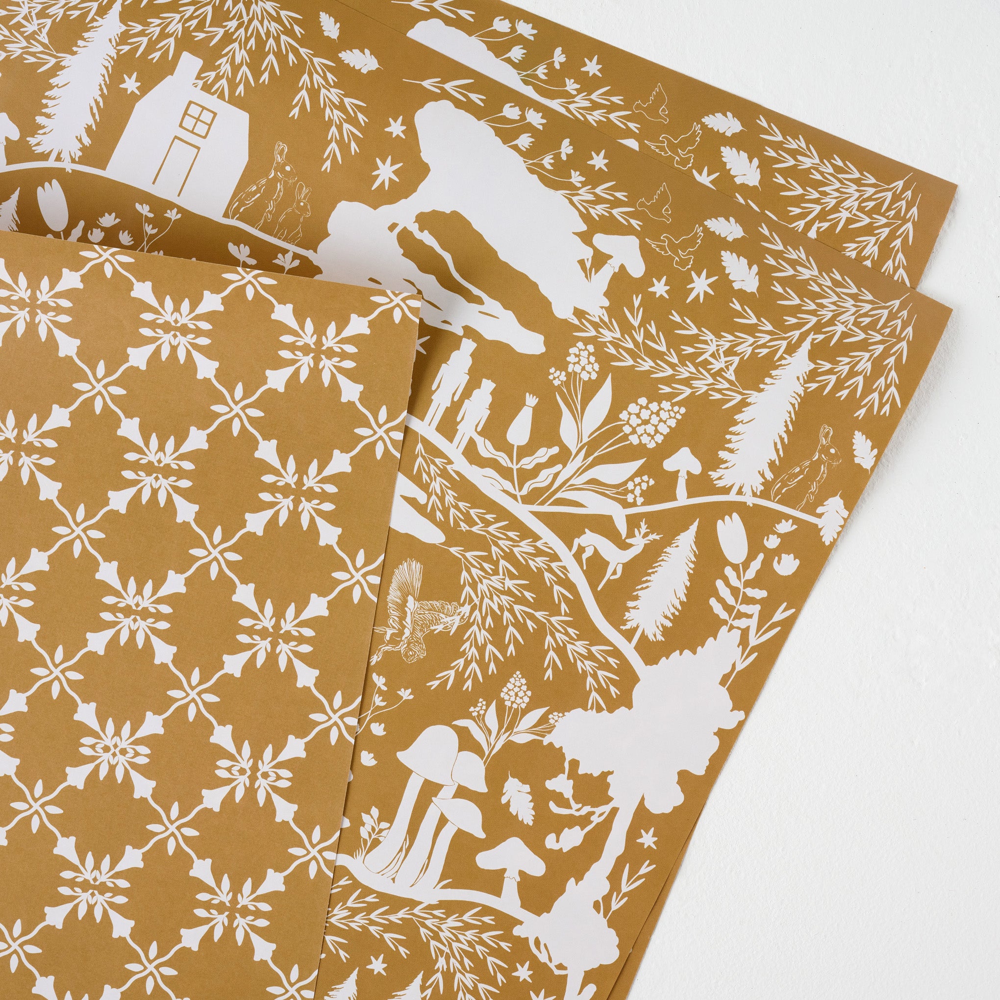 Magnolia Gold Woodland Wrapping Paper Sheets up close On sale for $9.99, discounted from $15.00