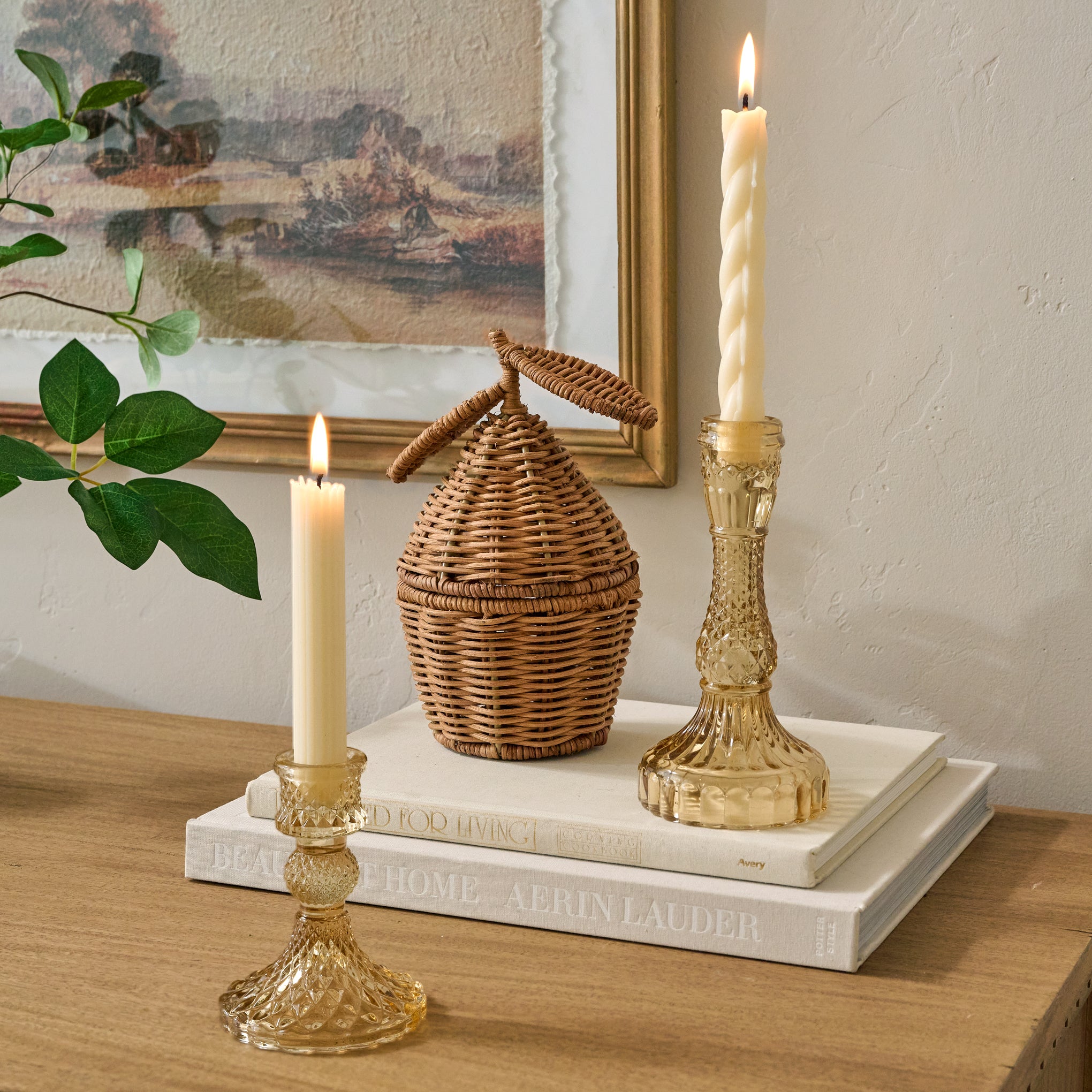 Antique Amber Glass Taper Holders shown with decor