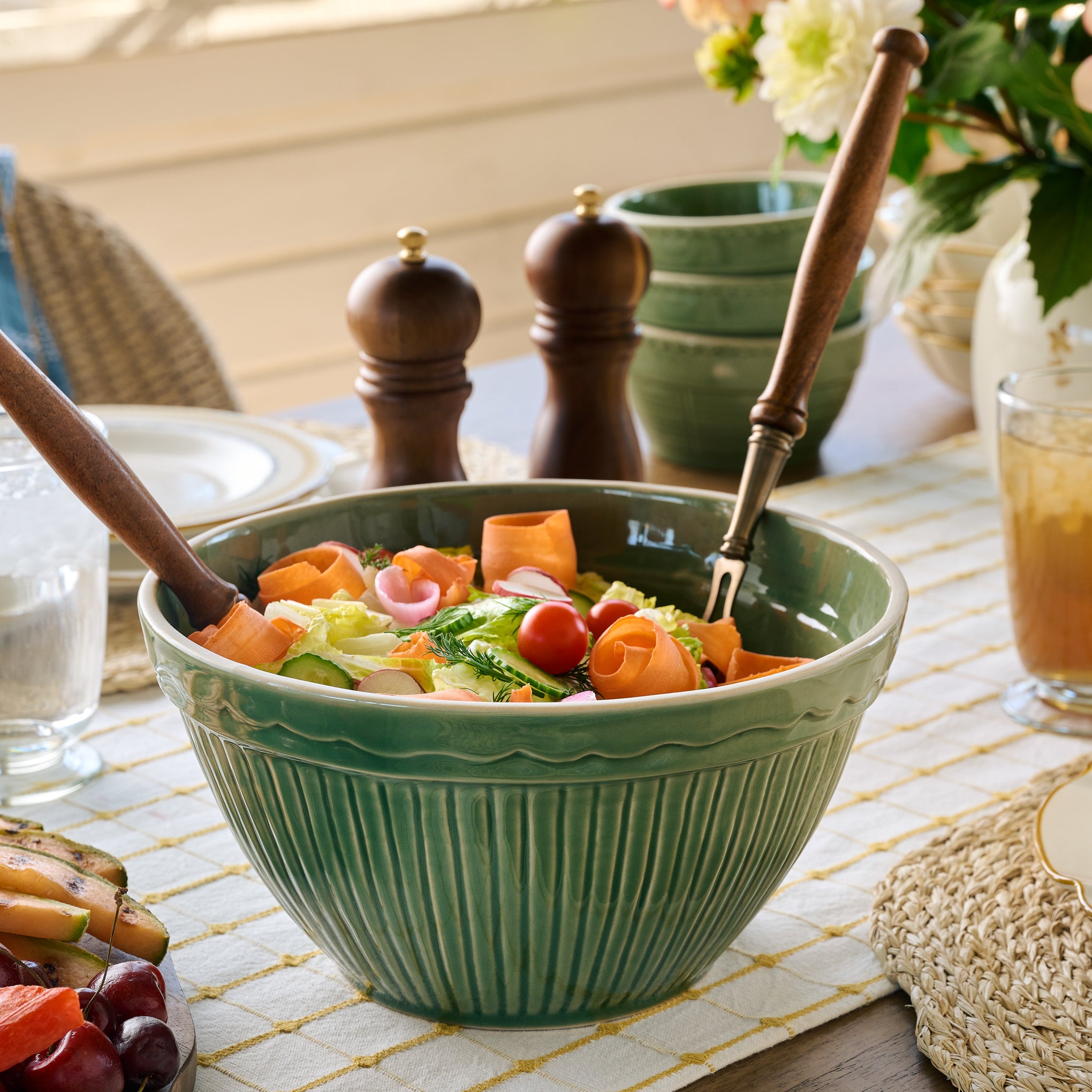 Vintage-Inspired Green Mixing Bowl Set of Two - one bowl pictured with a salad inside