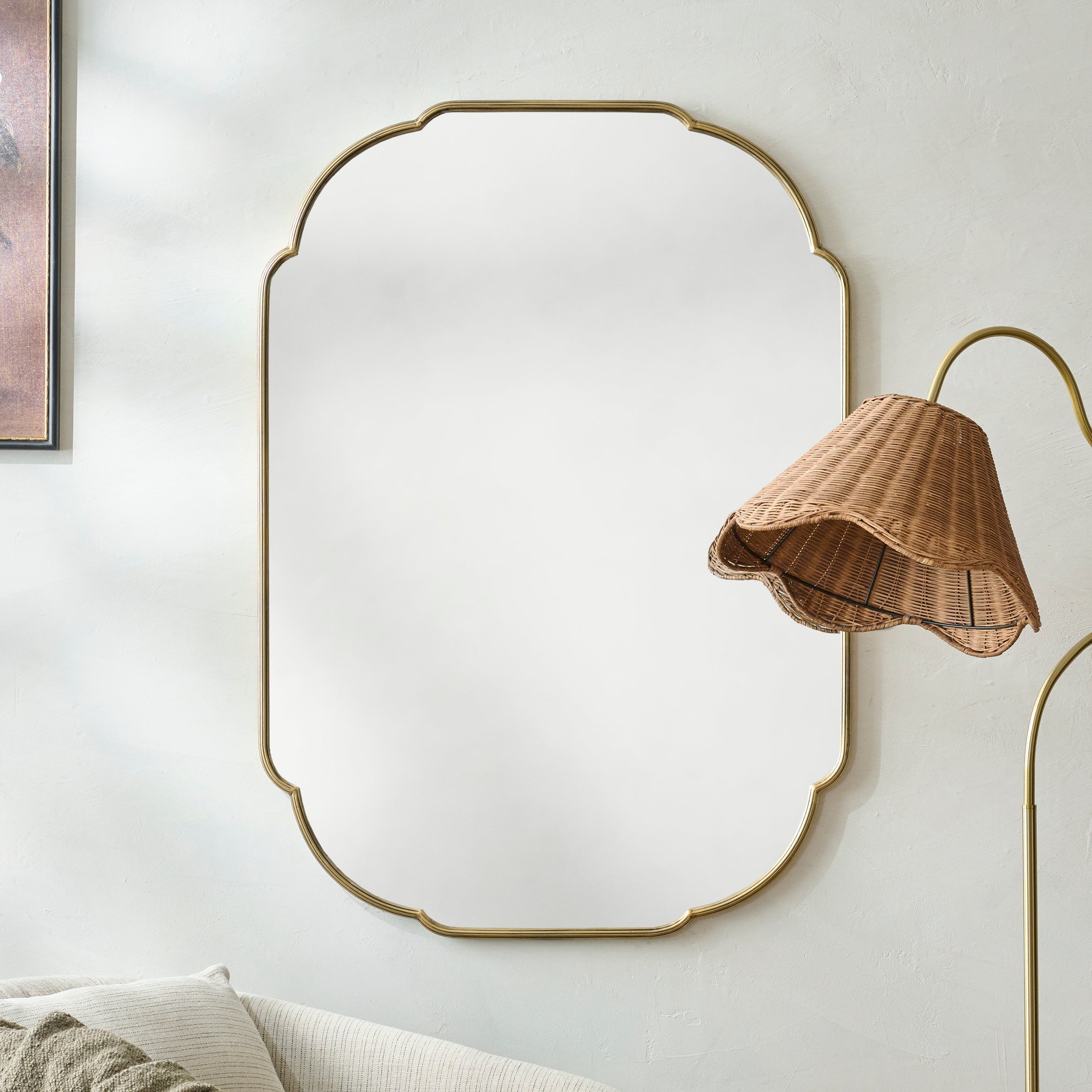 Antique Brass Luna Mirror shown hung on wall $198.00
