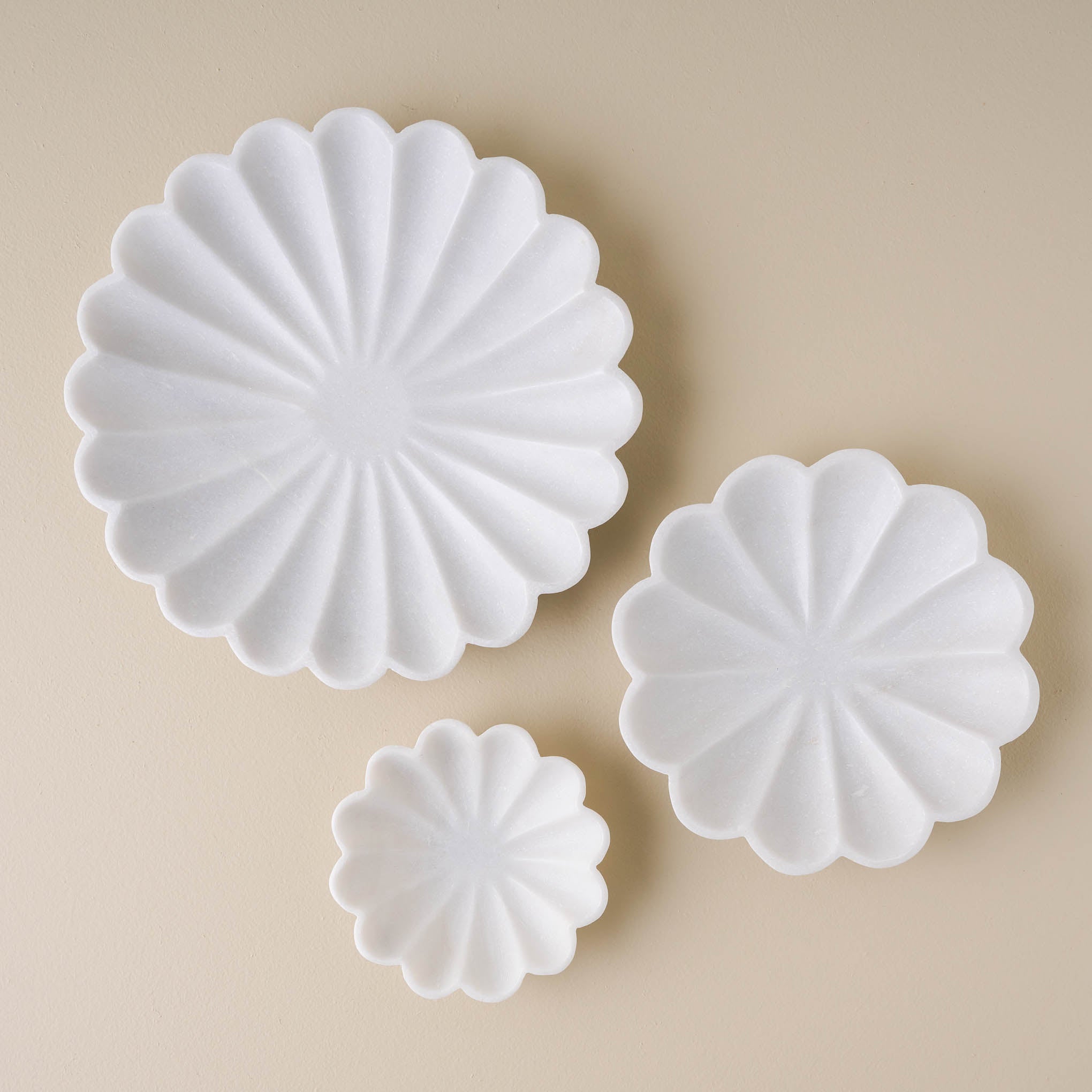 large medium and small sized white marble scalloped accent bowls On sale for $59.99, discounted from $26.00 to $80.00