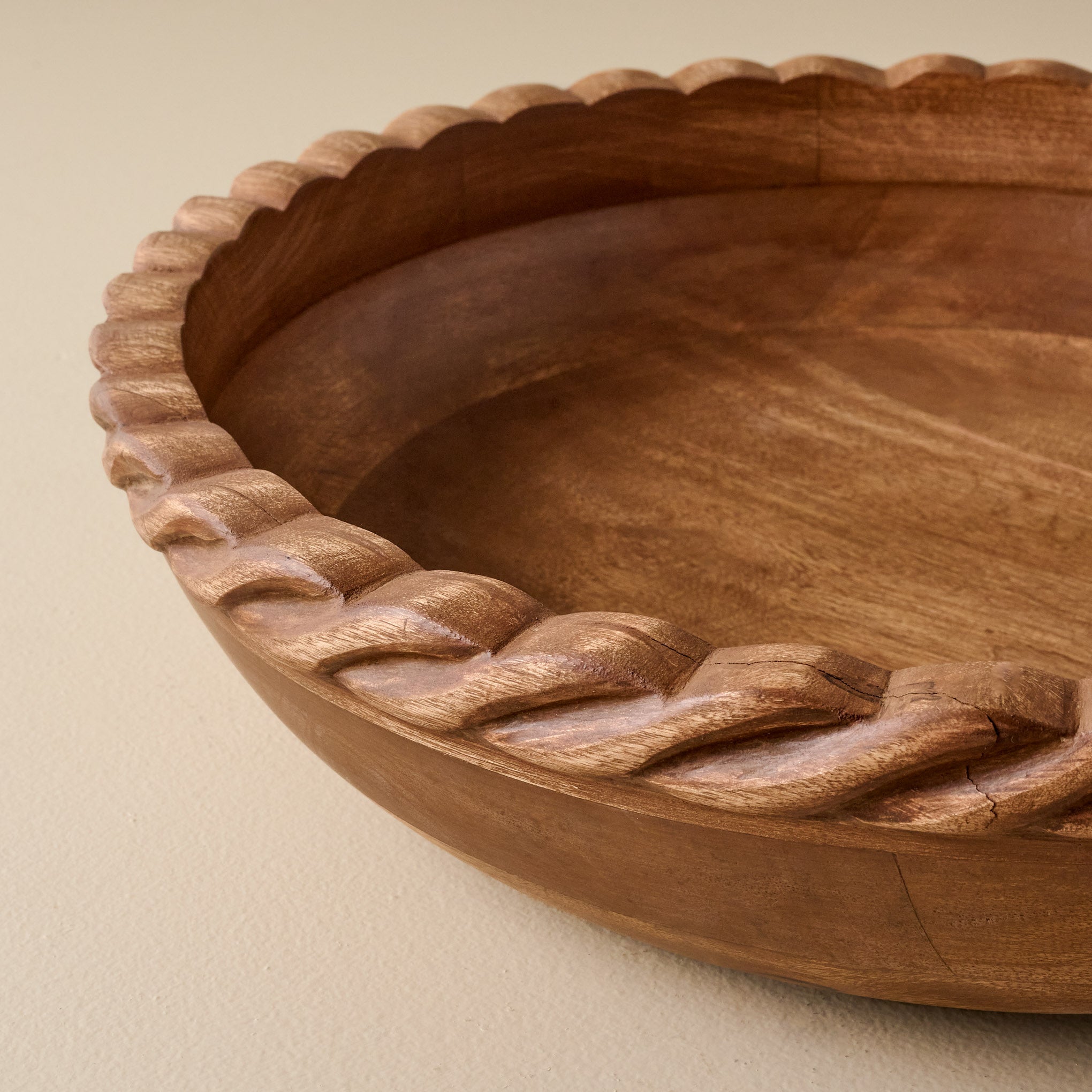Oversized Antiqued Wood Twisted Bowl up close $78.00