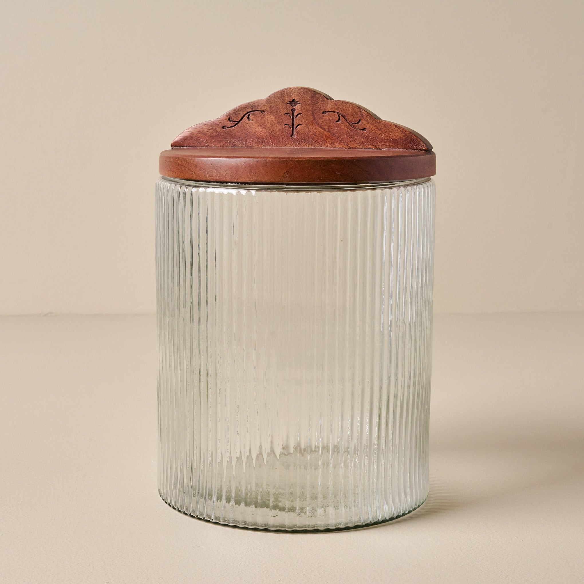 Large Antiqued Wood Ribbed Glass Canister