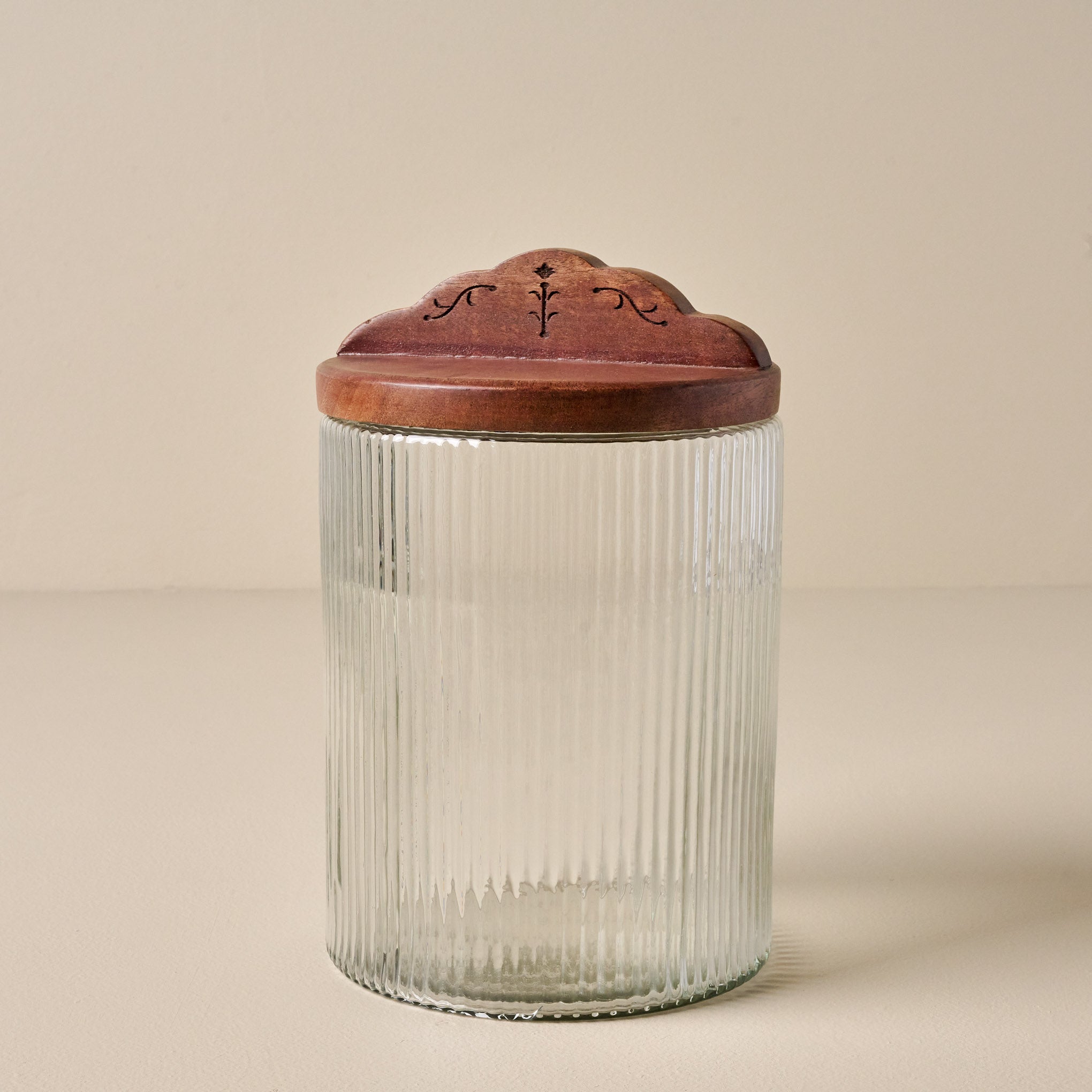 Small Antiqued Wood Ribbed Glass Canister