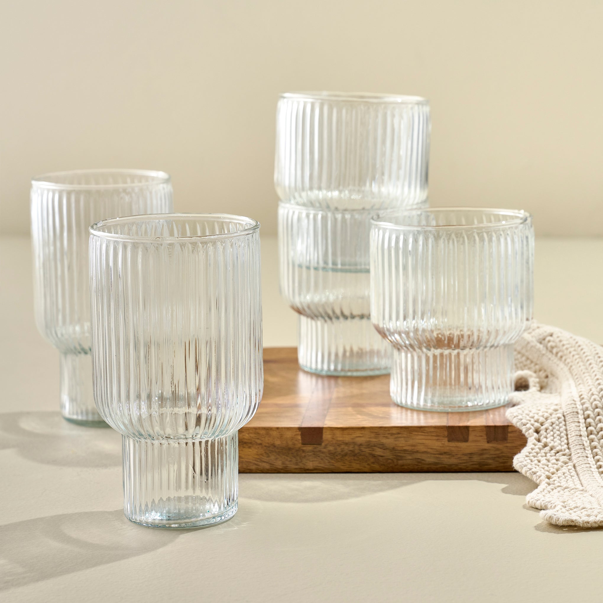 Short and Tall Atlas Ribbed Stacking Glass Tumblers Items range from $10.00 to $12.00