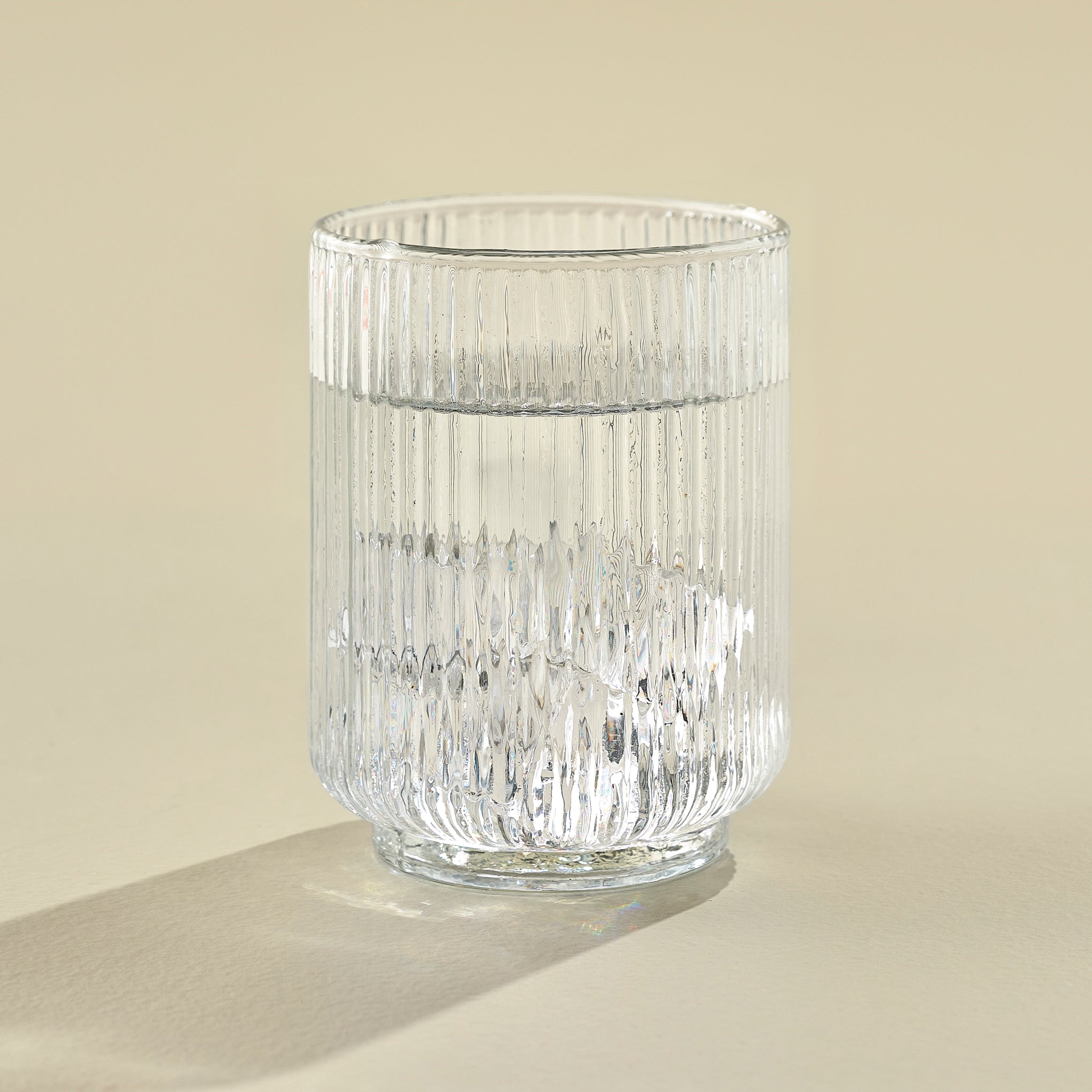 Short Atlas Ribbed Glass Tumbler shown filled with water