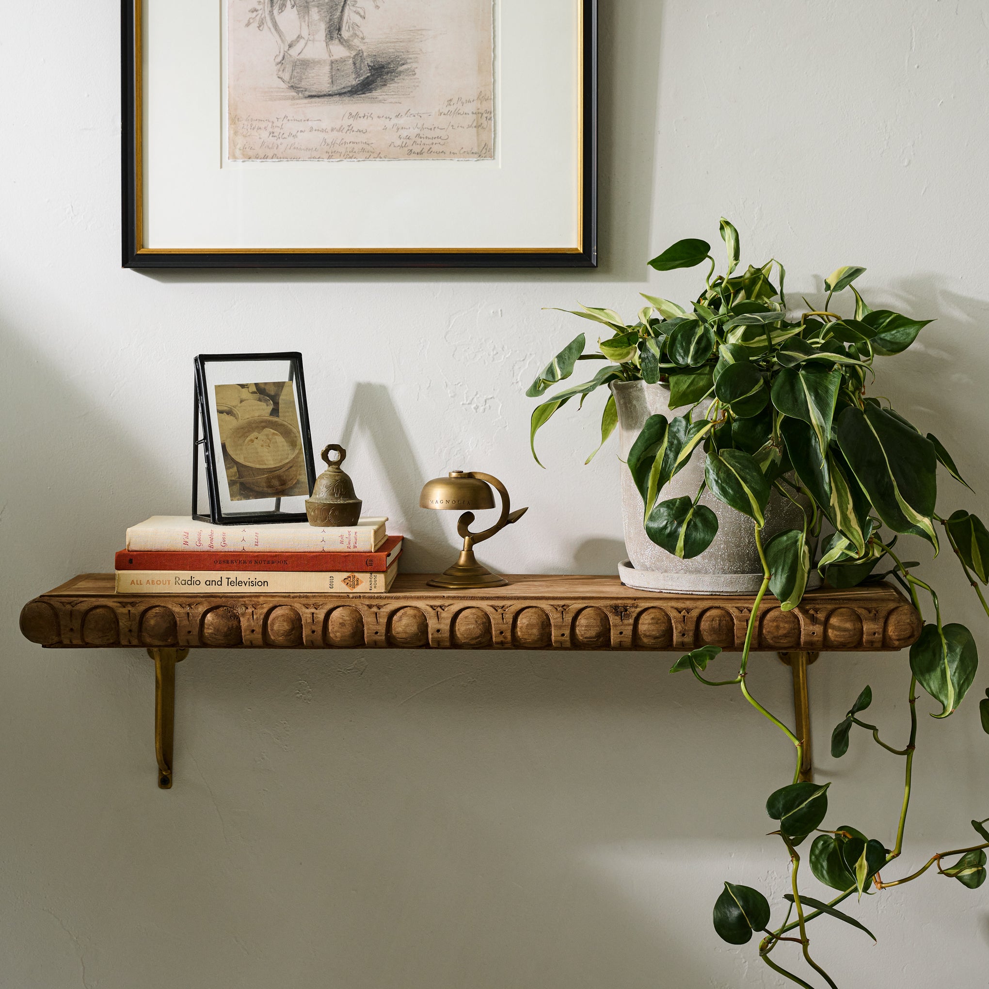 Griffin Hand Carved Wood Shelf on a wall holding a planter and some books and a frame $98.00