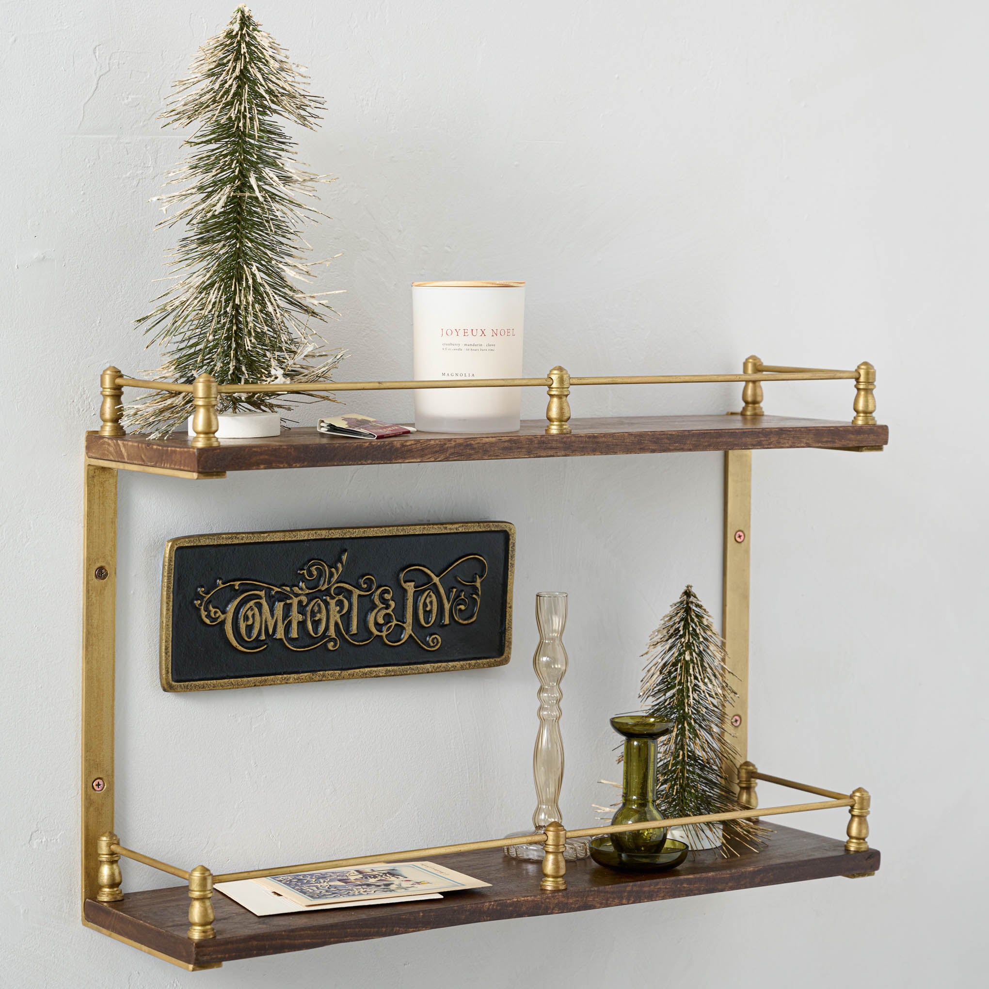 Elliott Brass Railing Shelf styled for the holidays $118.00