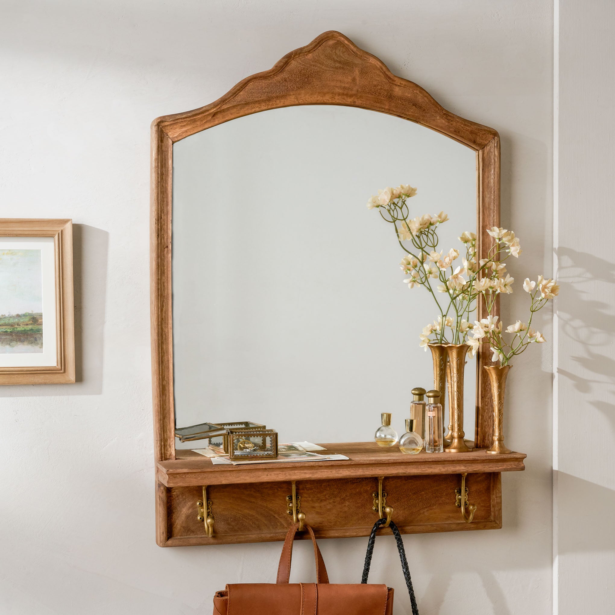 James Mirror with Hooks and Shelf with vase and flowers on shelf $164.00