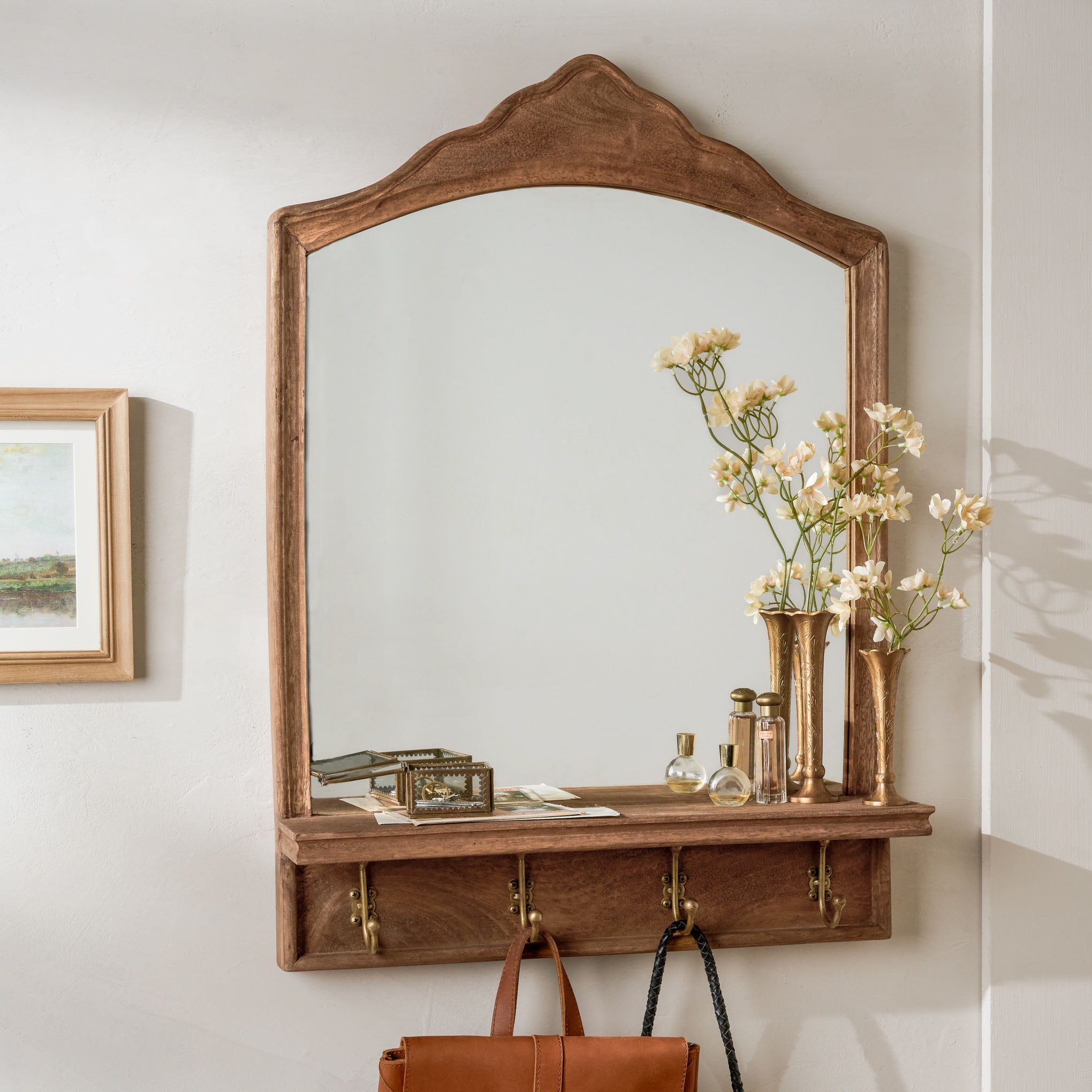 James Mirror with Hooks and Shelf with vase and flowers on shelf