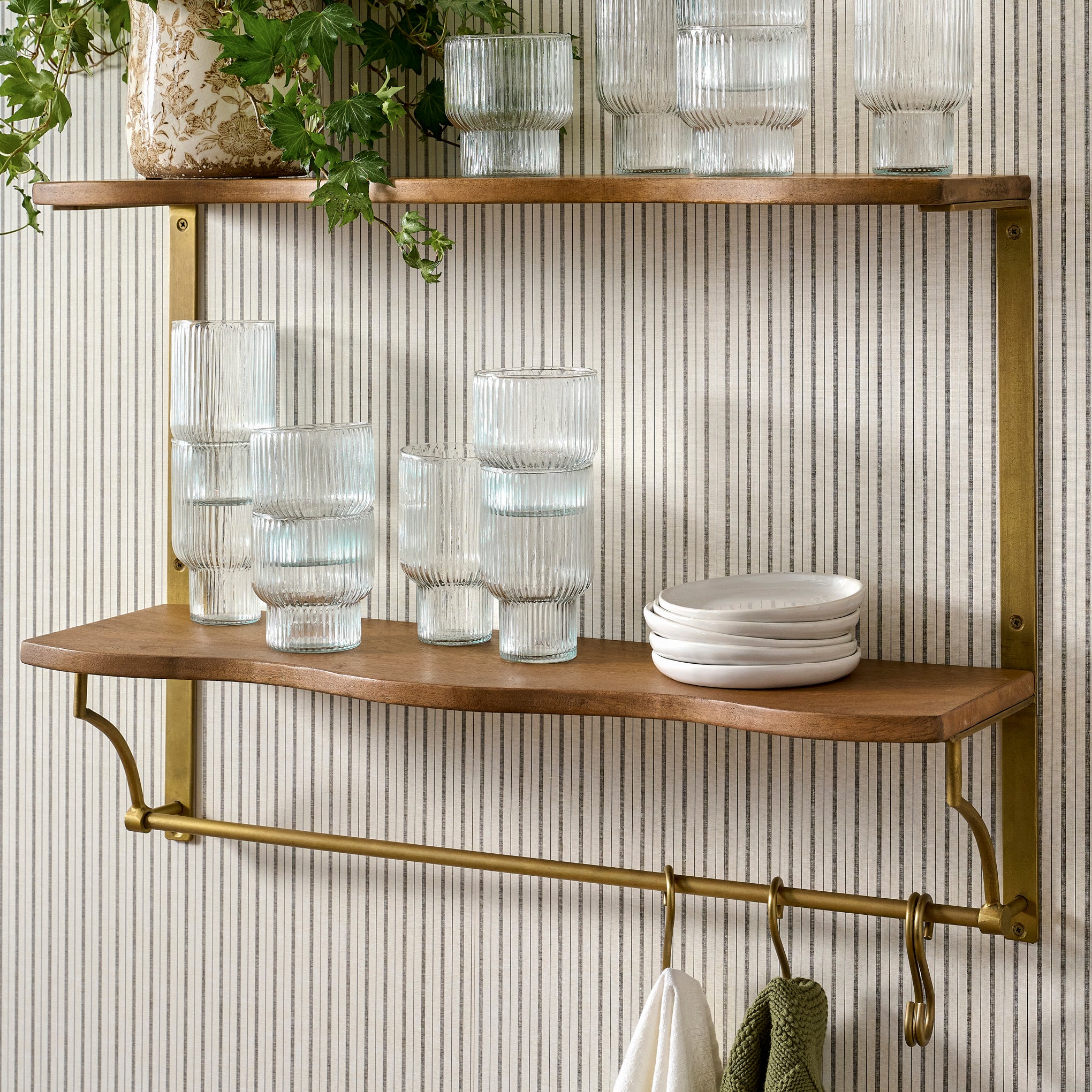 Double Pearson Brass and Wood Shelf with Rail shown with dishes on it $148.00