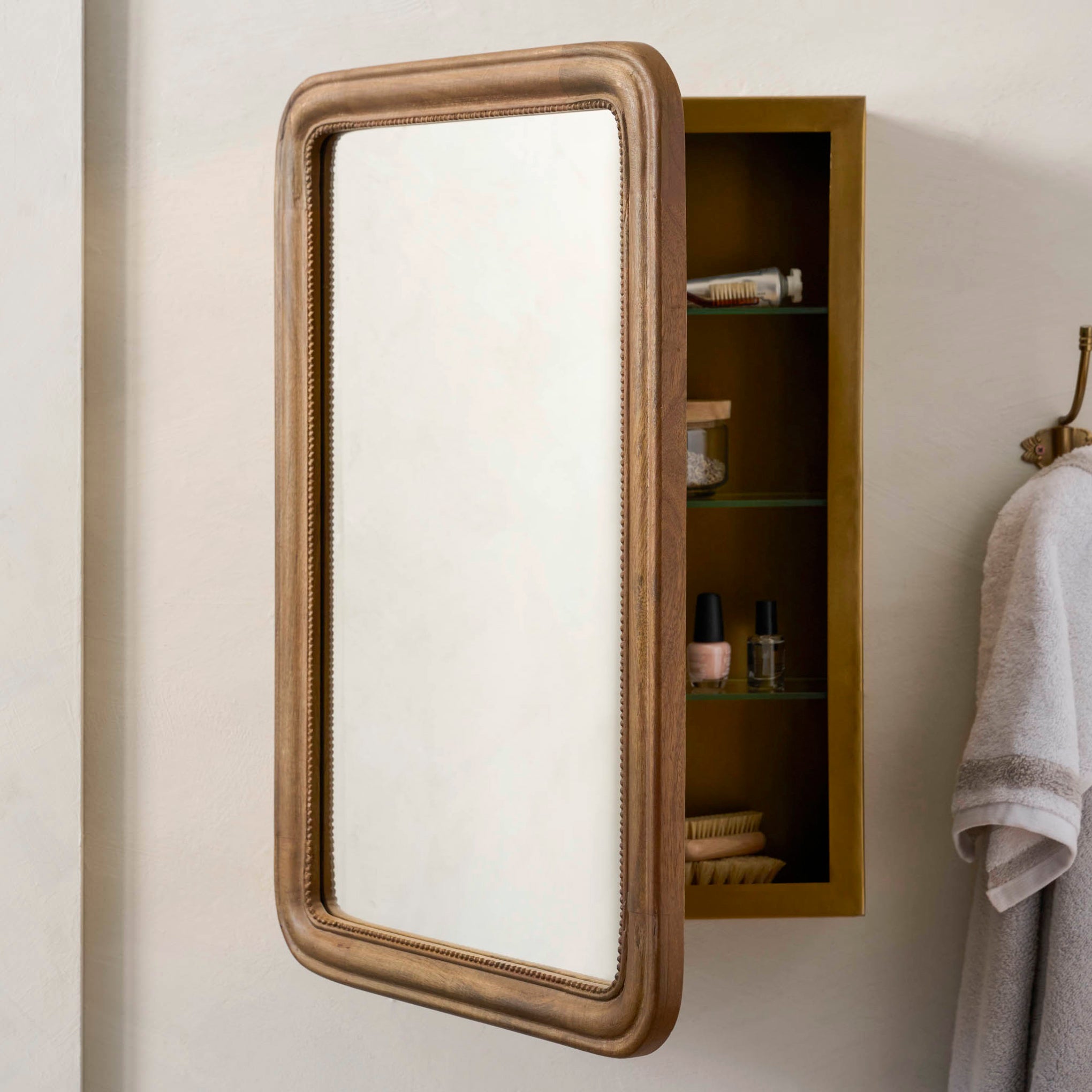 Micah Wood Framed Medicine Cabinet shown open hung on wall On sale for $110.49, discounted from $248.00