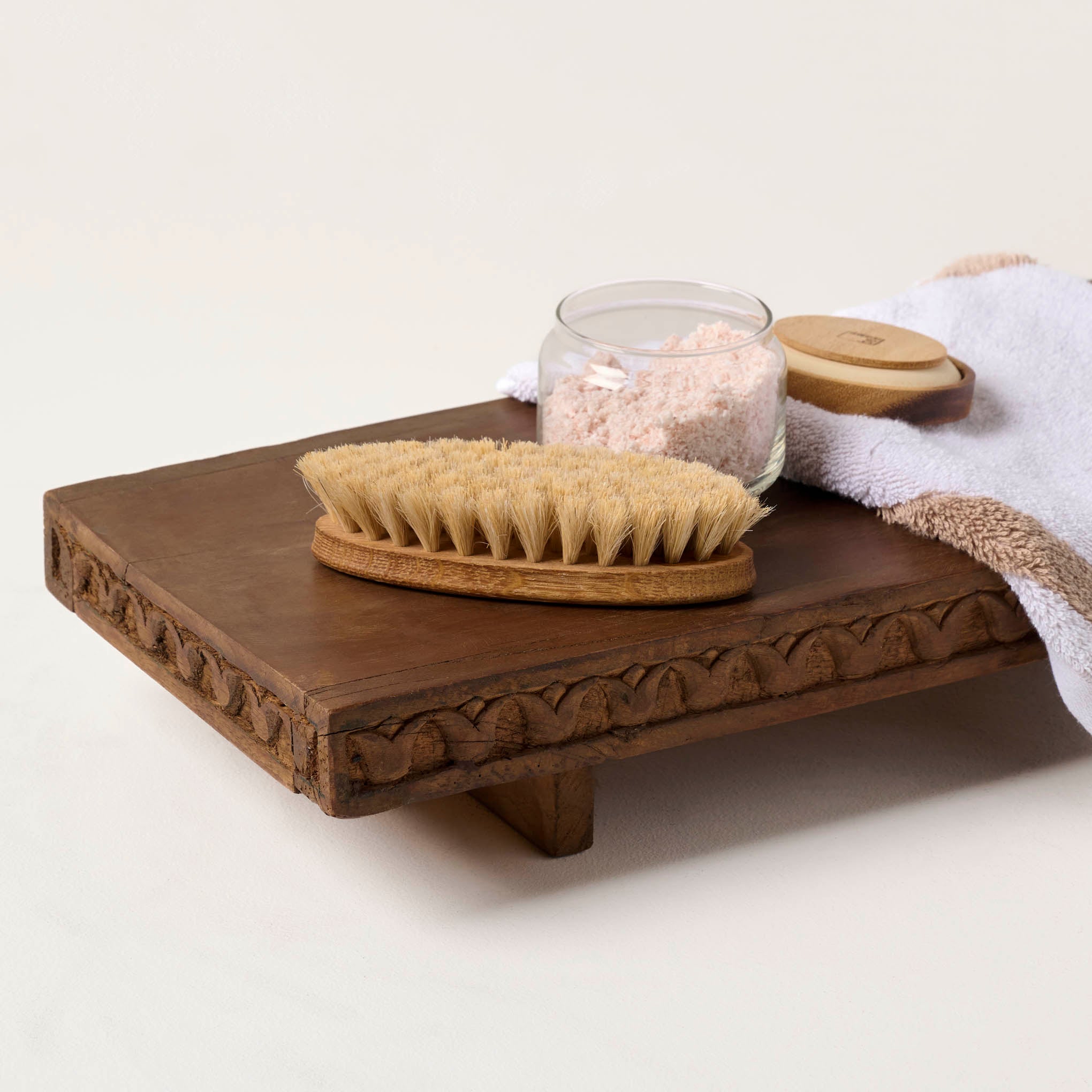 Reclaimed Wood Bath Tray shown with bath accessories on top On sale for $89.99, discounted from $120.00