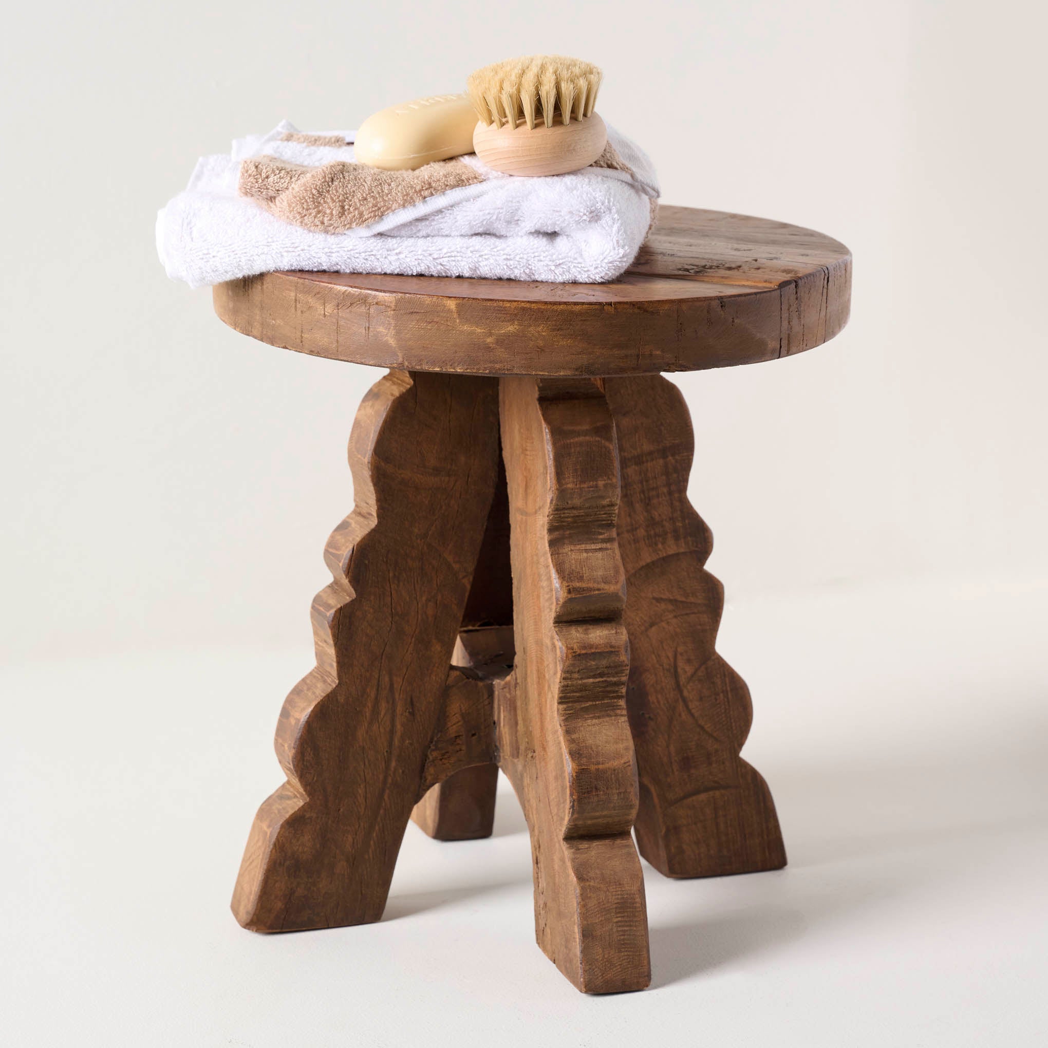 Reclaimed Wood Stool shown holding bathroom accessories $138.00