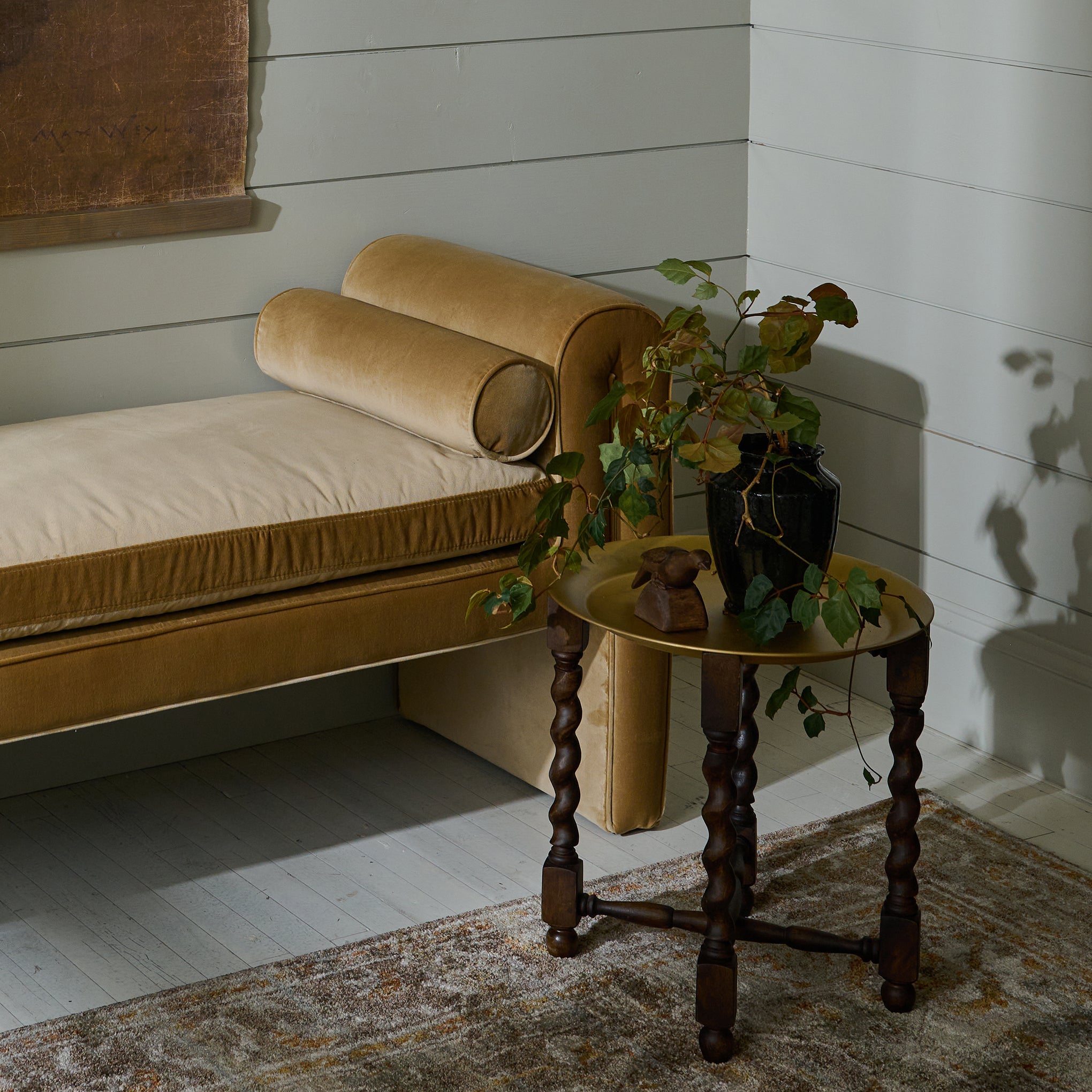 Collapsible plant stand with tray in an entry seating room with a plant On sale for $94.99, discounted from $138.00