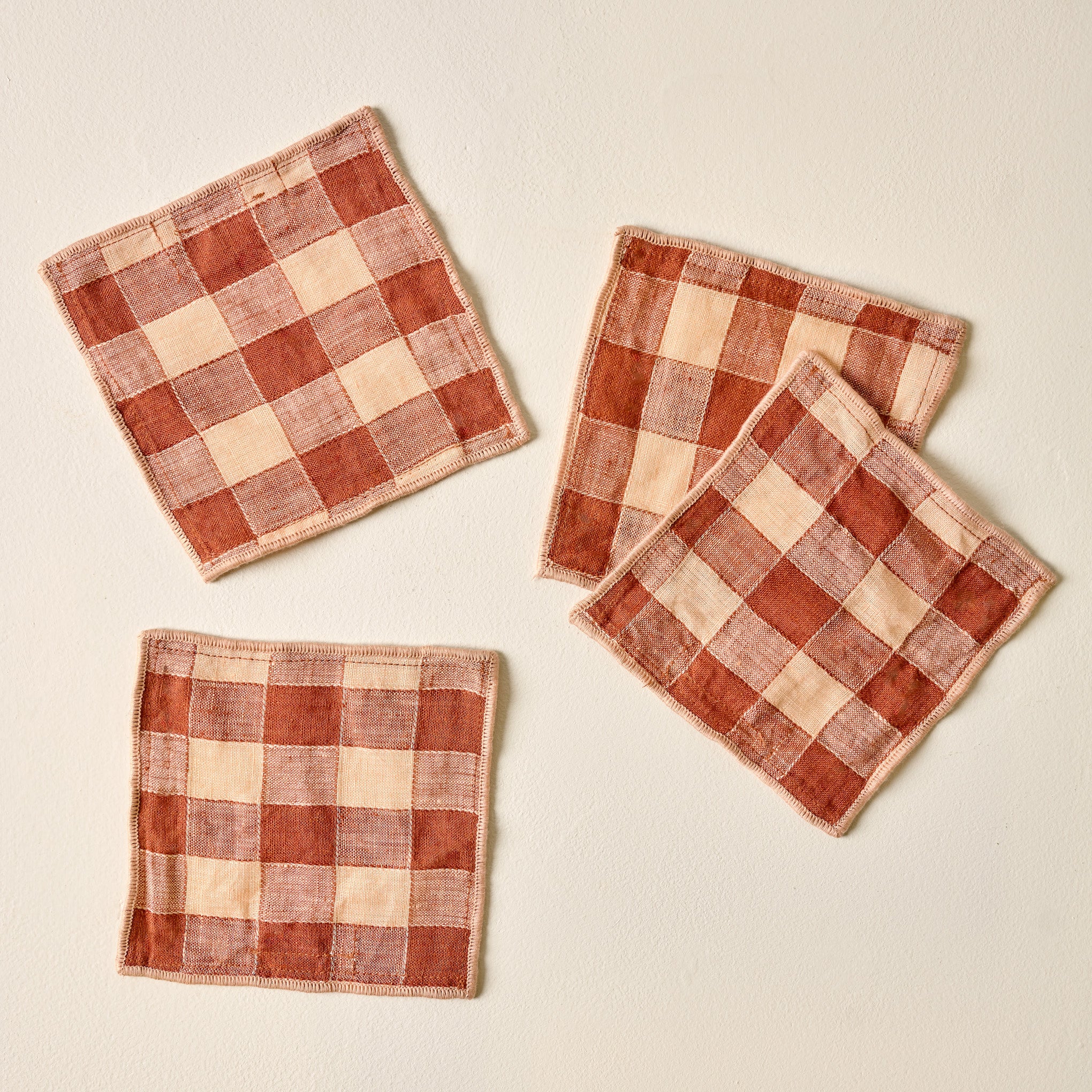 Brown/Coral Gingham Cocktail Napkins Set of Four