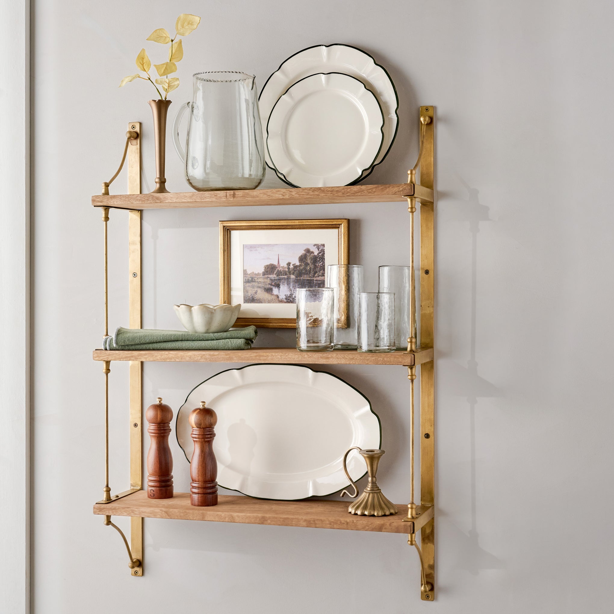 Triple Parker Brass and Wood Shelf shown with product