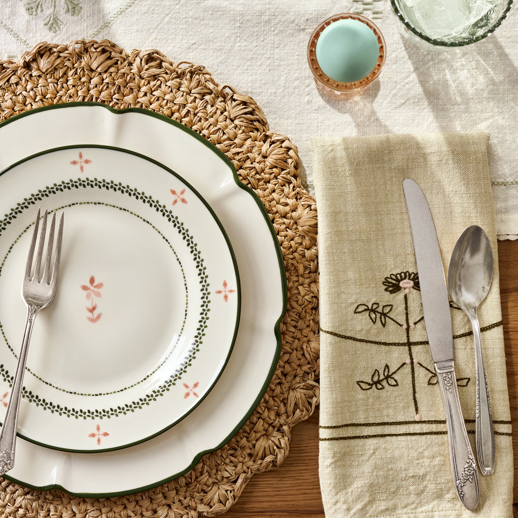 Green Luna Floral Salad Plate on a table $14.00