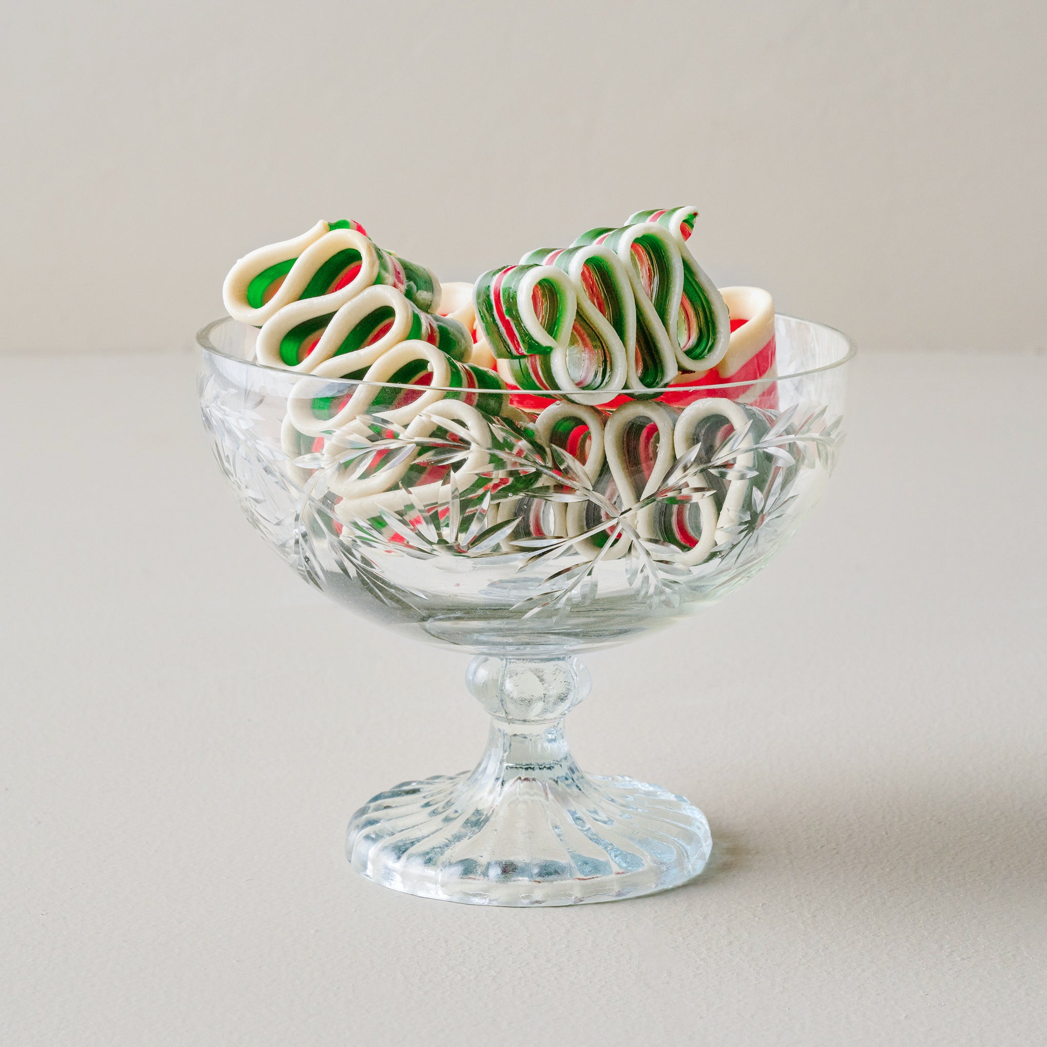 Vivian Cut Glass Pedestal Bowl shown with candy